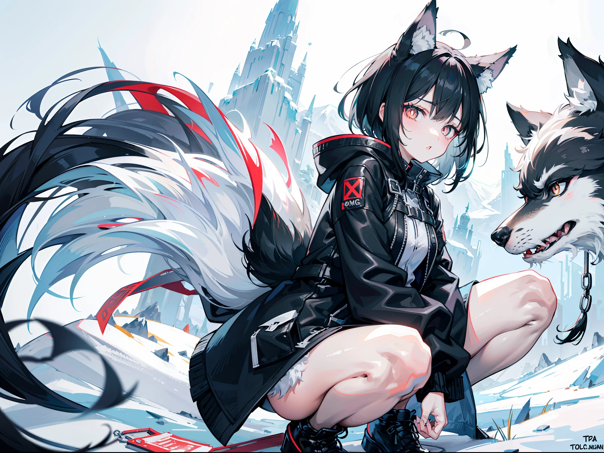 Beautiful girl with gray and black hair,Wolf ears,Wolf tail,Open your mouth to reveal wolf teeth,Black pupils,short detailed hair,Wears an animal skin coat with a cotton cap,Bare legged,Extra-long cotton boots,Stand in the icy mountains and forests,Best quality at best,tmasterpiece,Wolf maiden,Beast Girl,Wolf paws,Spit on a breath,Full body photo,Tsundere expression,There are two big bad wolves around