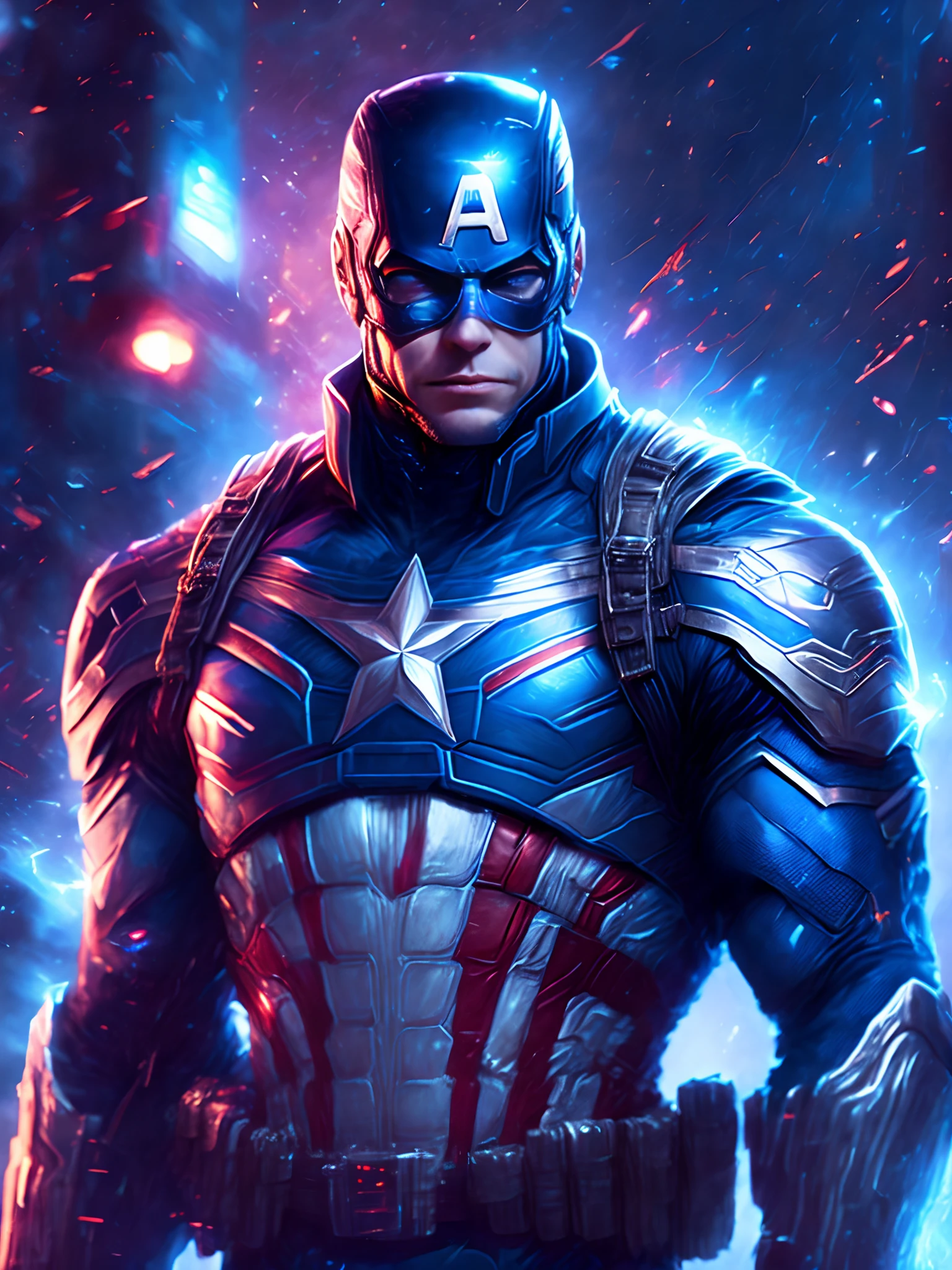 gloomy portrait of God Captain America from Marvel, extremely detailed, futuristic cityscape, nighttime, glowing neon lights, smoke, sparks, metal shavings, flying debris, blue energy effects, volumetric light