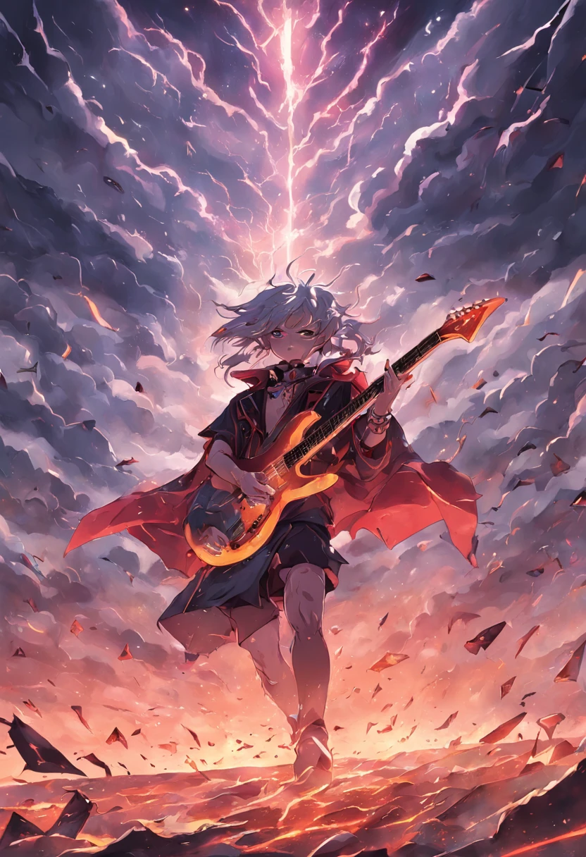 Heavy metal album cover，The devil plays guitar in front, Ruins and storms in the background in the clouds