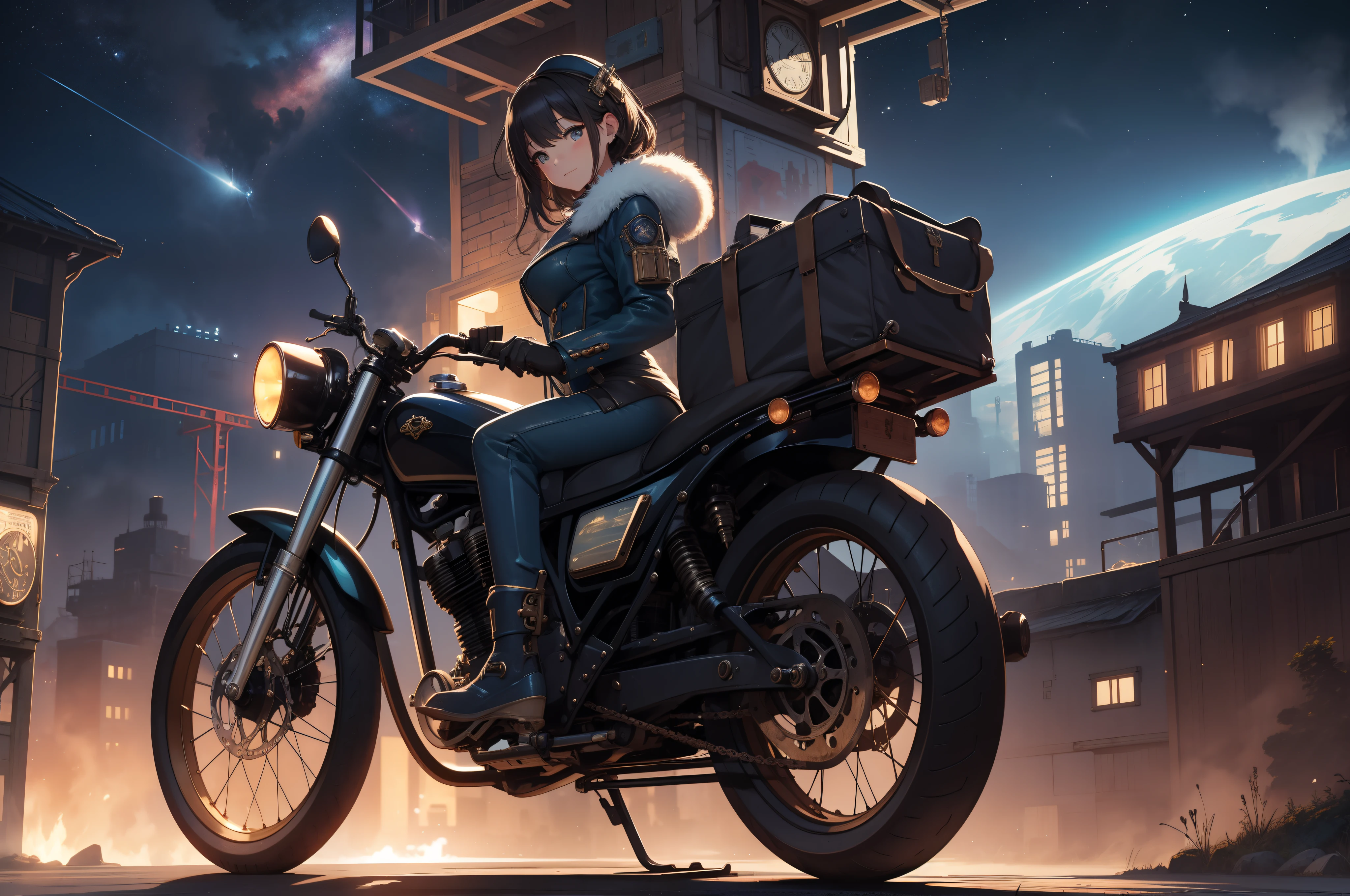 Top image quality、超A high resolution、a closeup、A retro bike made of countless gears and piping、full body seen、Pretty Woman、Steampunk style costumes、Countless gear and chronometer decorations、Smooth depiction、Detailed depiction、full body Esbian、Light blue leather coat、Steampunk-themed retro cityscape、Science fiction、((Steam is overflowing))、starrysky、high sky、Image of the galaxy、Near and far law、((A faint smile))、Turned、