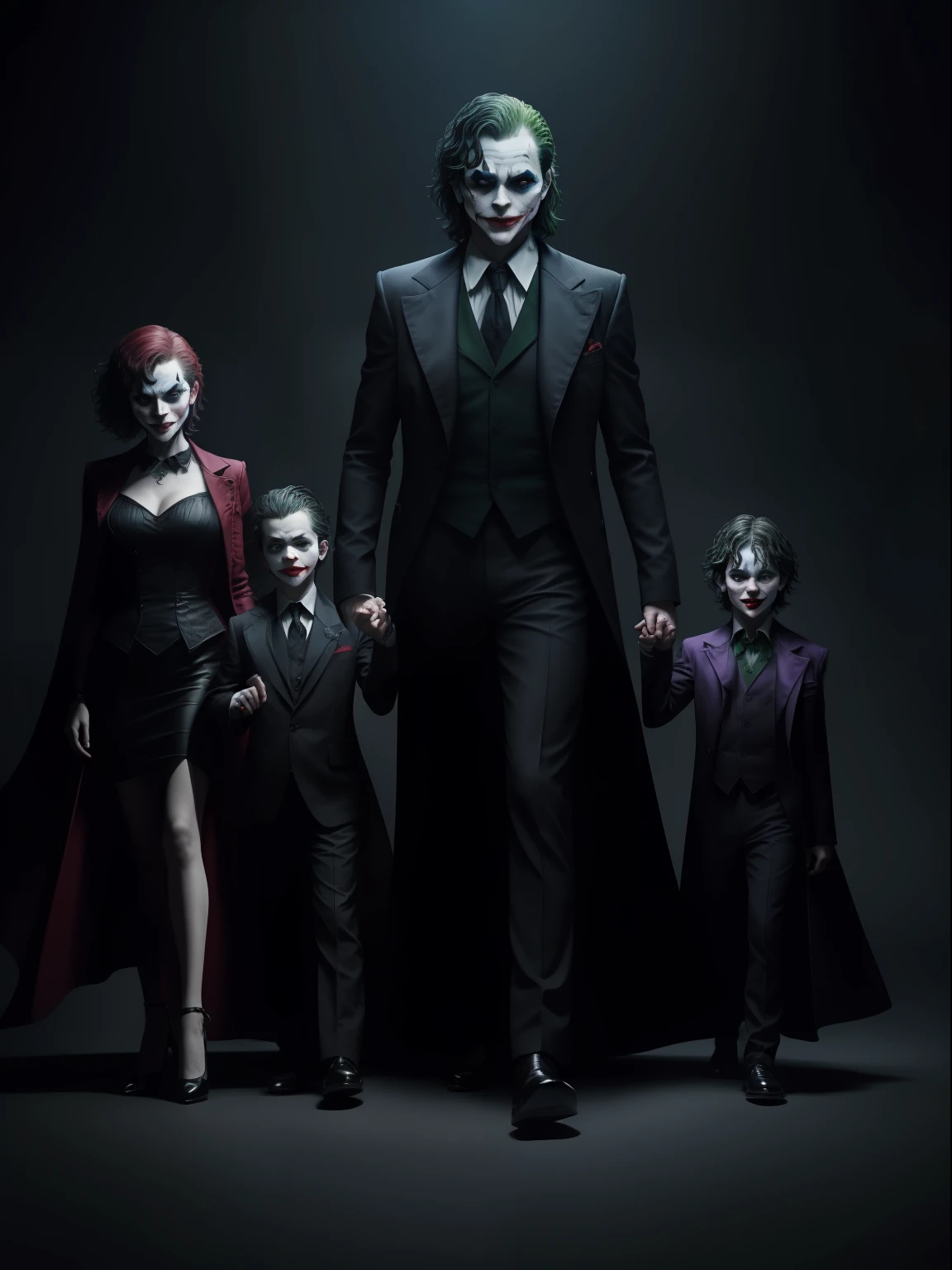 A dramatic picture of joker, his wife and their 2 childrens, photo studio style, center, rendered in a cinematic style with extreme realism and detail, full body shot