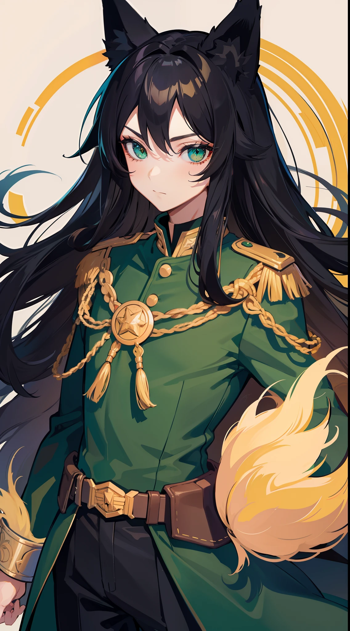 adult man, Long black hair, Fox ears, Green eyes, Black general's uniform, Masterpiece, hiquality