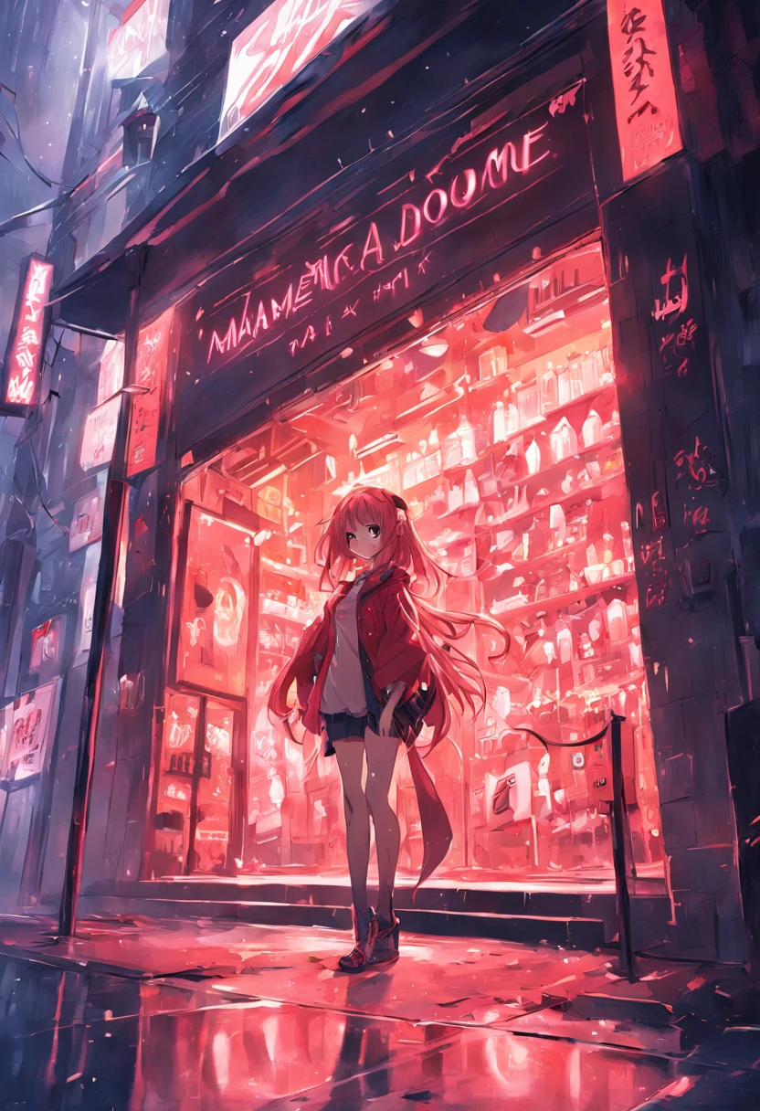 erotic product store, facade with logo, written "fuck amazing", macabre city, erotic product symbol, red light