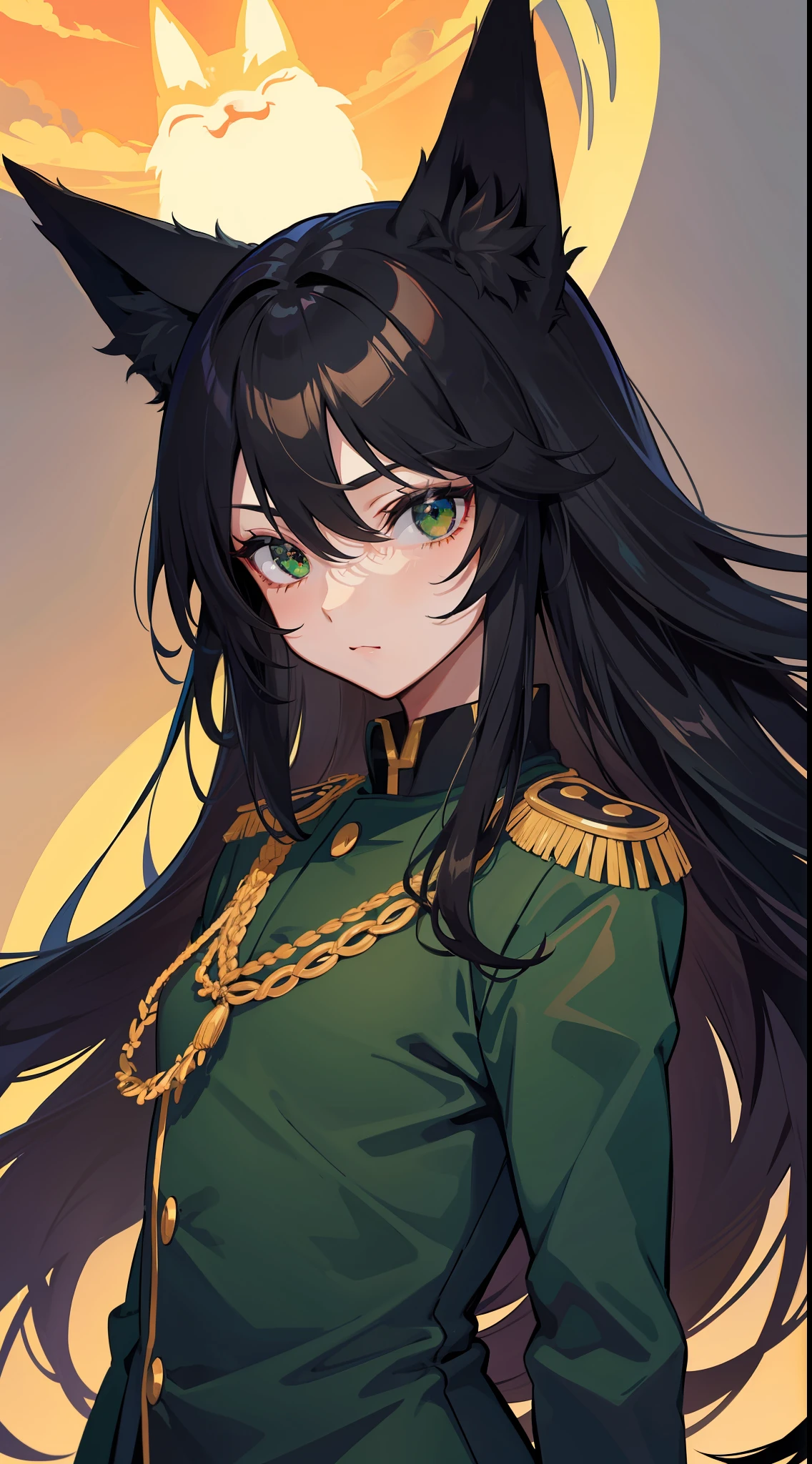 adult man, Long black hair, Fox ears, Green eyes, Black general's uniform, Masterpiece, hiquality