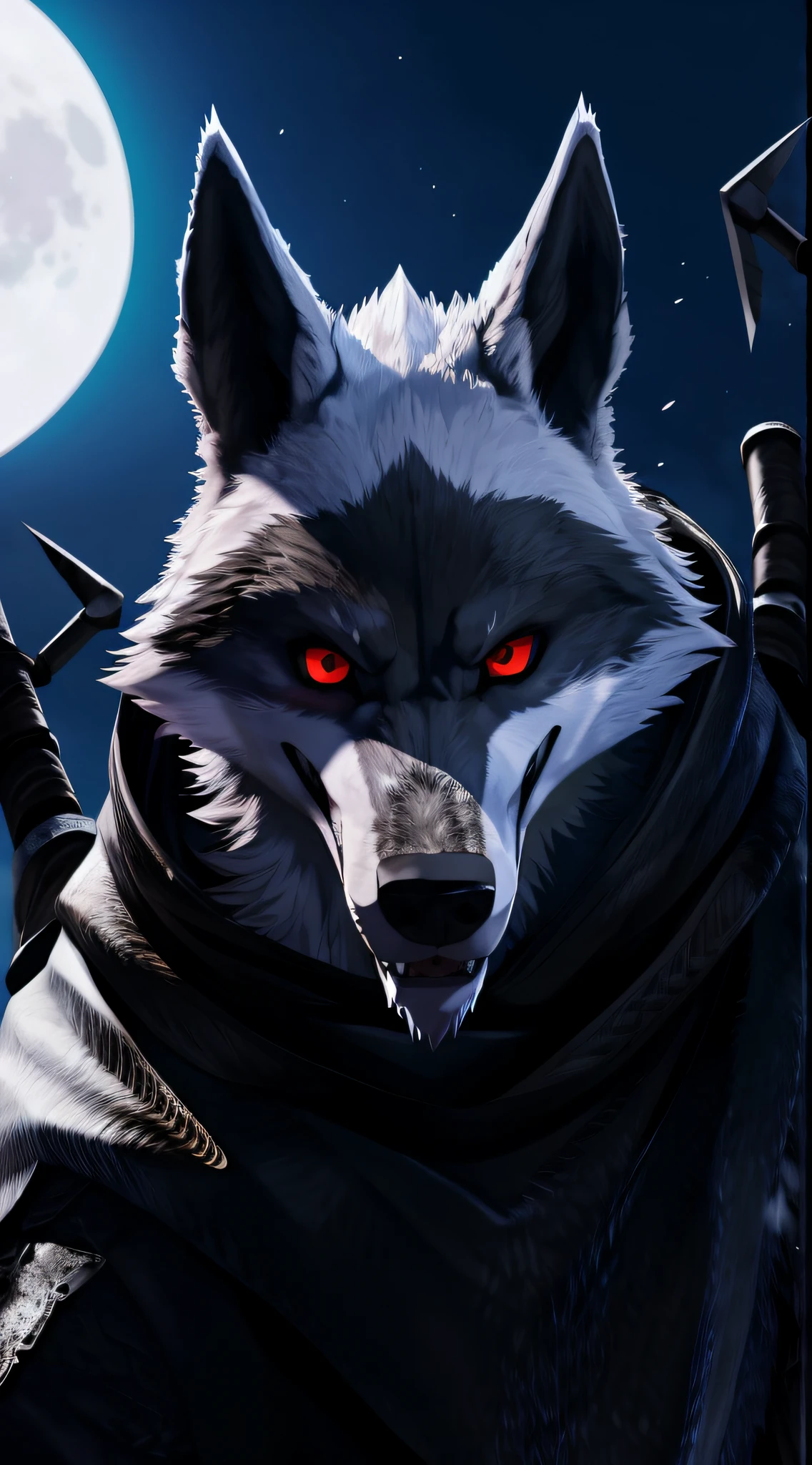 There is a wolf with red eyes standing in front of a full moon, den wolf face, an anthropomorphic wolf, detailed cinematic dramatic skin, a den wolf, anthropomorphic wolf, detailed with shadows, Grim - Wolf, furry character portrait, badass anime 8k, 4k hd fur face!!!, big wolf, white fox anime