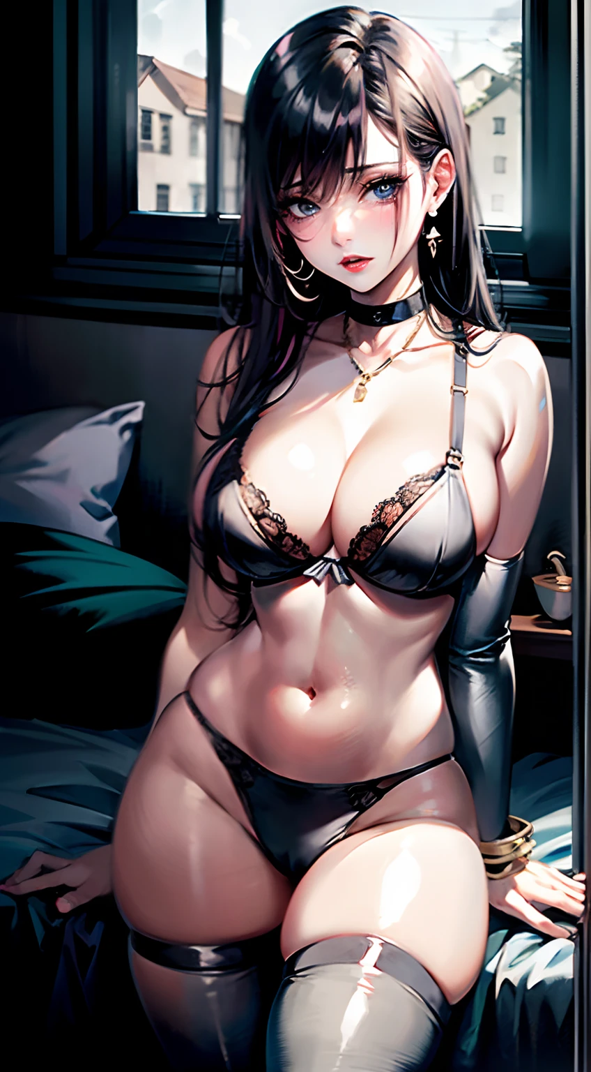bob black hair, (Raw photo, Realism: 1.8),(Valley White Liquid 1.3)、 (White mucus on the body 1.4,very dark lipgloss, Black lipstick jet many eyelashes, Black thigh socks、Keep your left hand between your thighs、Dark black eyeshadow, Shy, blush, High quality, High resolution, depth of fields, chromatic abberation, Caustic, Wide light, Natural colors, Mature Woman, slender), Necklace, Choker, earrings, Bracelet, Wearing many accessories, Very soft big breasts, Lovely woman,Black bra,bulging breasts on the underside of the bra、 the bra is so small that the areola is protruding, Coming out of a big bra, the bra is about to burst, Bra is transparent, the breasts The shape of the tip is clearly visible, Beautiful skin, Whole body, Beautiful legs, lots of exposure, Very sexy body line, Bra is very small, My chest is about to fall, Lips that make you want to kiss, Black Needle Heel Enamel, , bed,Tears dripping from the mouth、Sucking the index finger of the right hand