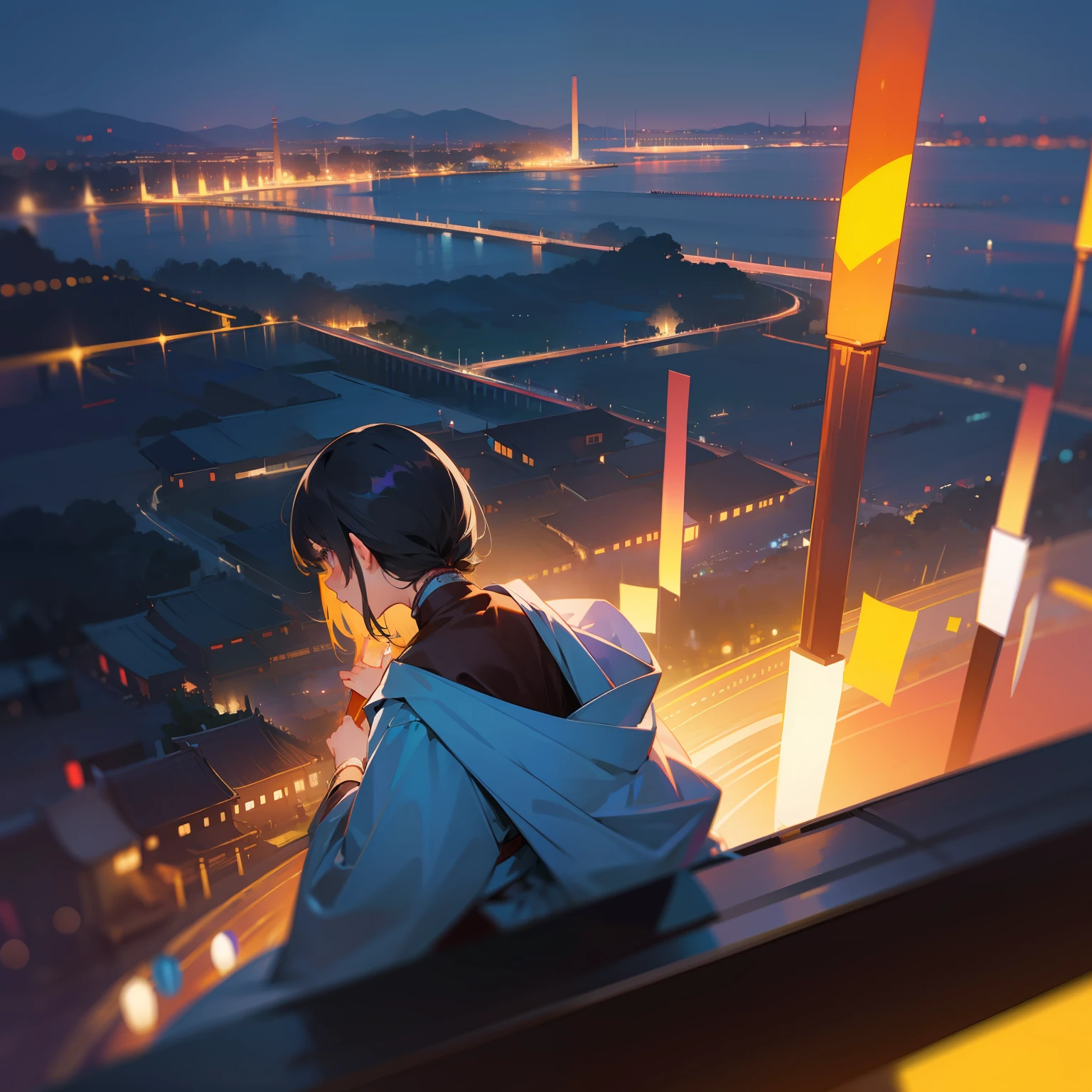 Girl watching the festival at night、fantastic landscape、Dreams、Beautiful fece、Blurry background、