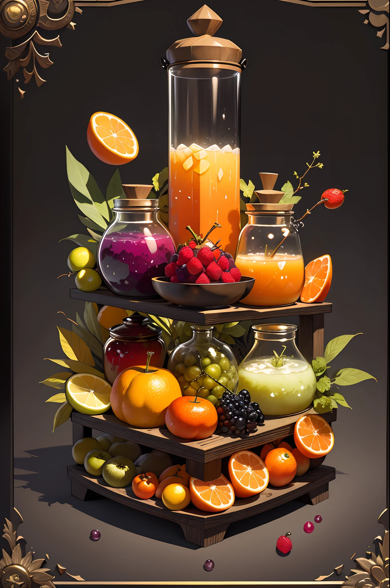(Masterpiece: 1.2), (Best Quality: 1.2), Various types of glass sealed jars, fruits, juices, magic potions, colorful, well organized, arranged, black background, HD, Masterpiece, Super Detail, (Best Quality, High Resolution), Ultra HD, 32K, cgStation Pop