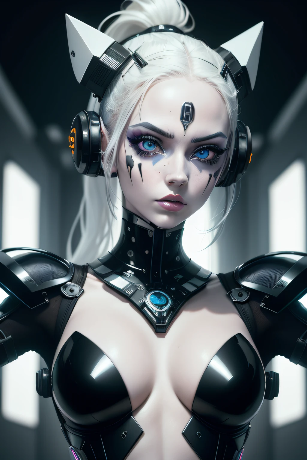 Creative portrait photography: Female, Porcelain skin, cybergoth, Salvador Dali, Strong staring eyes, As a concept robot, New futuristic, abstracted, Hyper-Resolution, intricately details, Medium shot, Low angle, 8k Helmut Newton