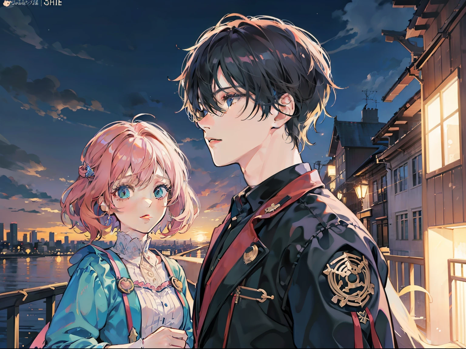 (2d cute anime:1.3). beautiful anime style, Man and woman, late 20s, woman looking at him, man looking into distance, background city at night. detailed digital anime art, cute detailed digital art, adorable digital painting, digital anime art, digital anime illustration, fan art best artstation, hyperdetailed character, anime styled