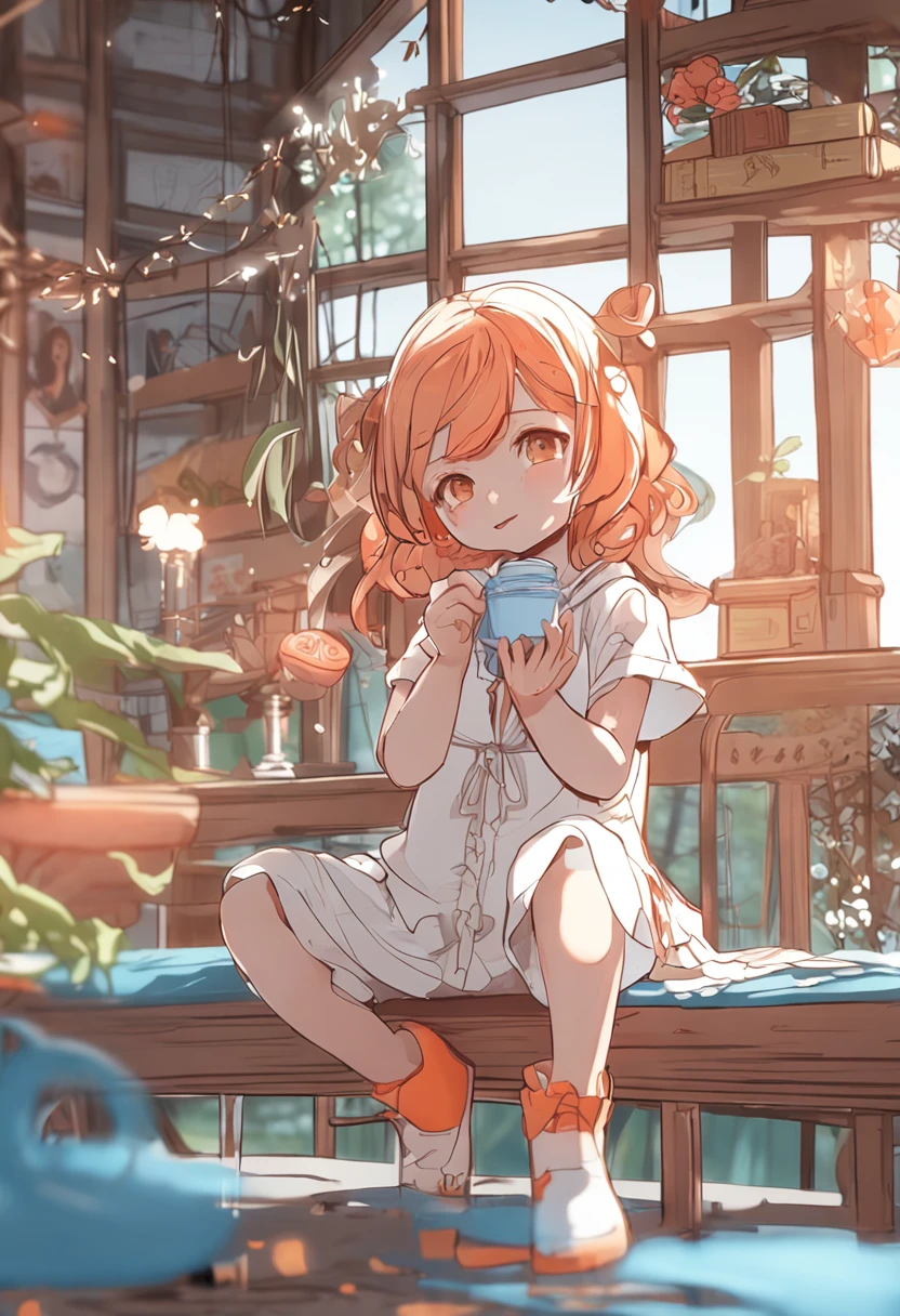 masterpiece, best quality, ultra-detailed, kawaii, cute, lovely, sexy, ero, extremely detailed, 4K, 8K, best quality, beautiful, heavy outline, clear outline, building, a little girl, child, solo, school swimwear, beautiful orange hair, beautiful light blue eyes, beautiful eyes, cat ears, wetted by water