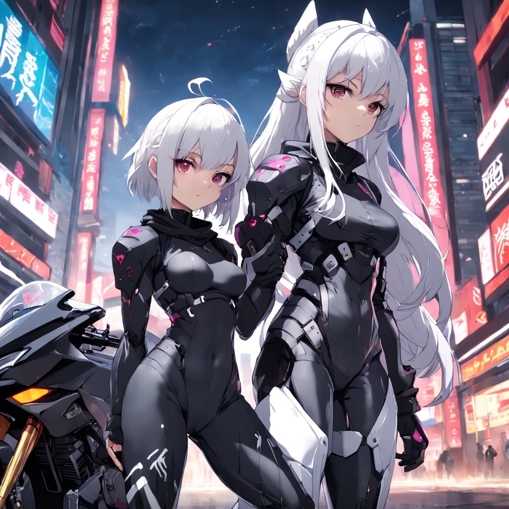 (Fox Girl, Fox Ears, Silver Hair, Fox Makeup, One Girl, Long Hair, Alone on the screen, dark skin:1.6), (mecha musume, Machinery Parts,Robot Joints, White and red clothes, Full body mechanical suit, 片腕がMachinery Parts:1.8), (Body measurements are 75-60-75!, Young girl body, Small breasts, Proudly, Standing posture, slender, muscle:1.9), Avatar, face, lewd face, Dominant representation, naughty face, Uplifting, Skin Texture, outside, ruins, Ruined City, Broken Building, There are no people