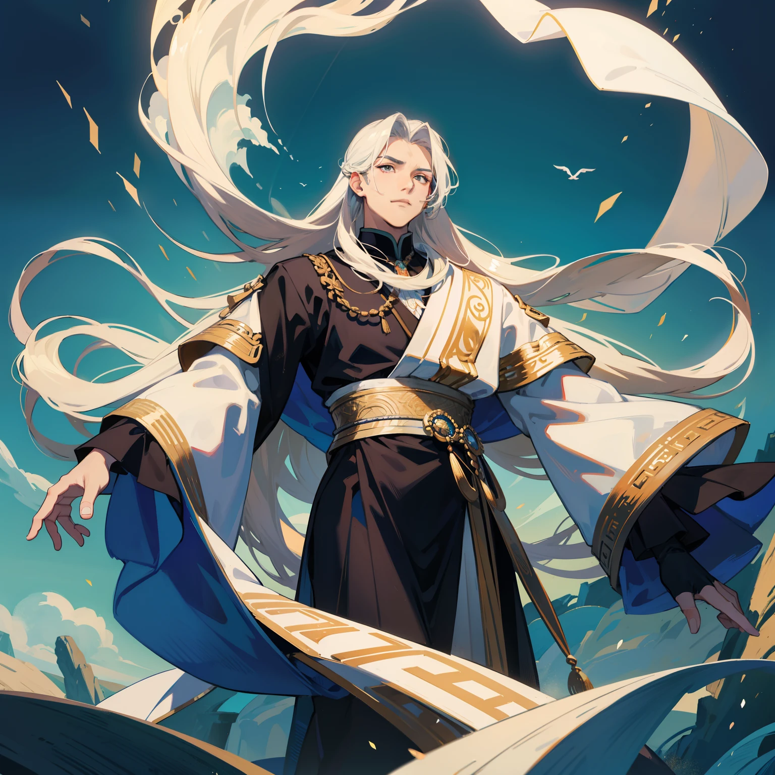 With a dignified appearance, upright posture, elegant and noble young master, charming, long hair, ancient clothing, and a sea emperor