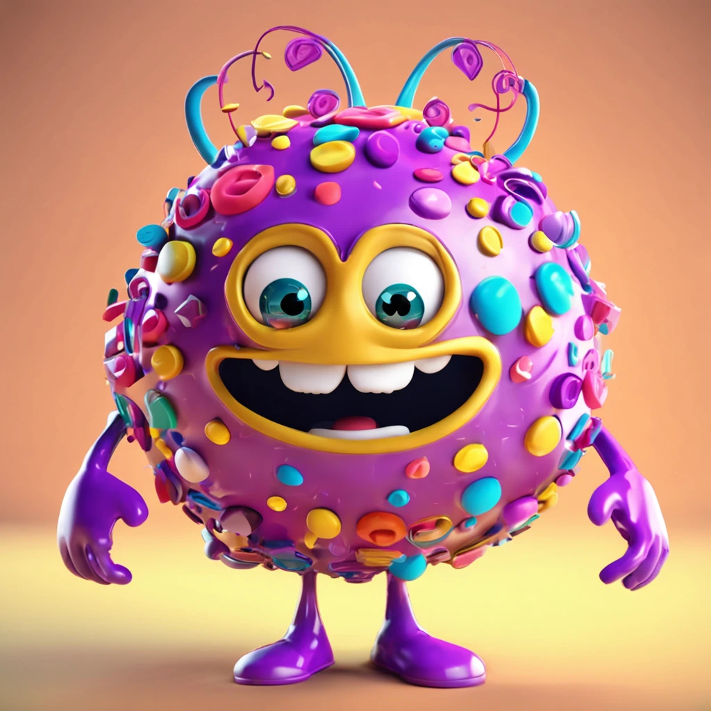 Create a brain-like mascot, personagem infantil , 8k, modelo 3D, The body as the shape of a brain, com boca, 2 olhos e nariz, He has legs and arms, The character is cute and charismatic, o personagem tem cores vivas e coloridas.