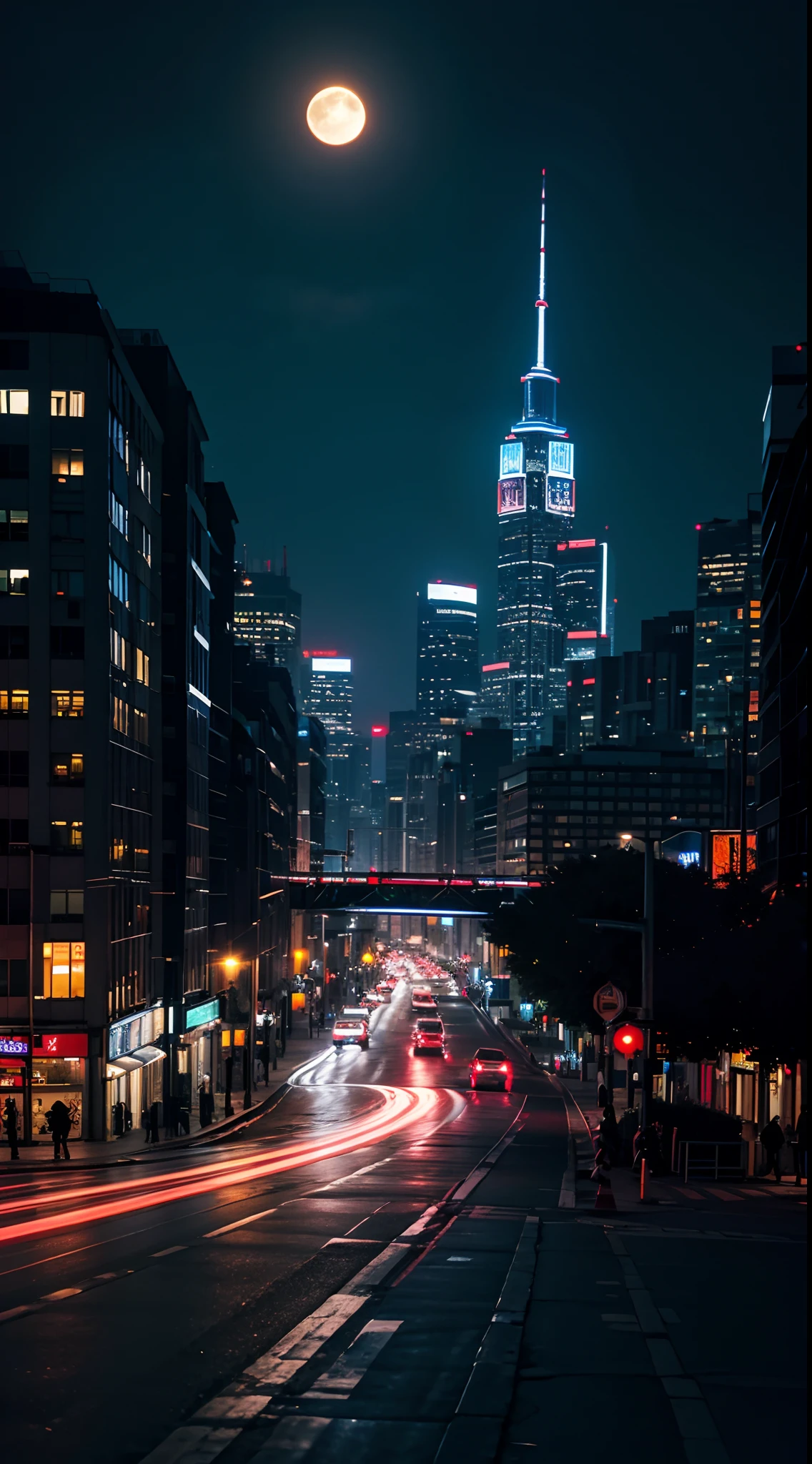 city night scene，Bustling，optic，shadowy，Award-Awarded，themoon，Ultimate beauty，8K，Wallpapers，neonlight，Heavy traffic，Ultimate detail