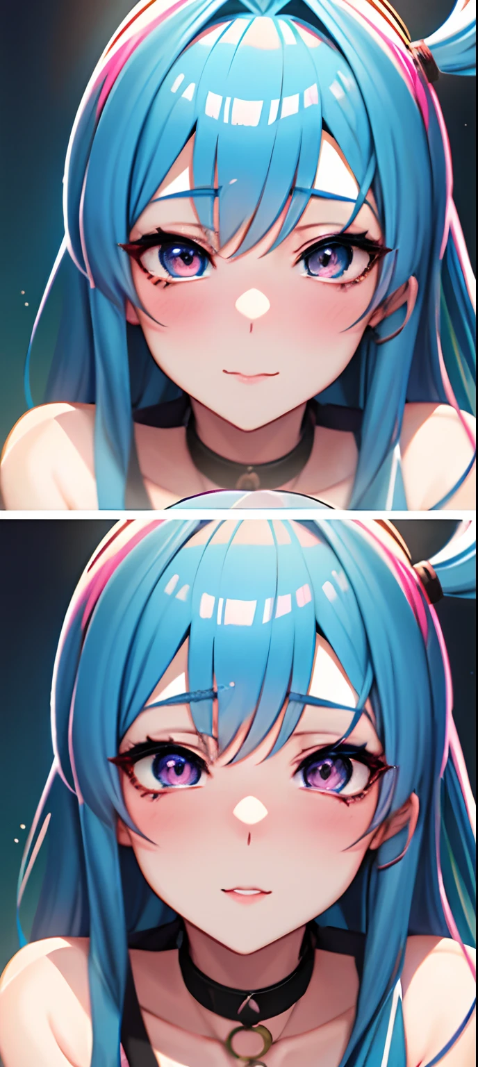Close-up of two photos of blue-haired woman, ahegao face, Anime moe art style, Stylized anime, ahegao, Kawaii realistic portrait, Detailed anime soft face, Smooth anime CG art, Anime style. 8K, extremely cute anime girl face, Anime Stylization, semirealistic anime style, cute anime face, semi realistic anime