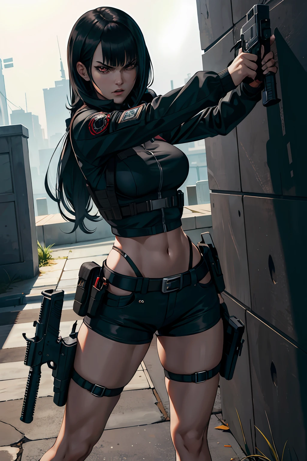 realistic, 1girl, black hair, dark brown eyes, glowing eyes, crop top, black skirt, parted lips, blush, night, bring a big sniper gun, sun, sunlight, gang, simple background