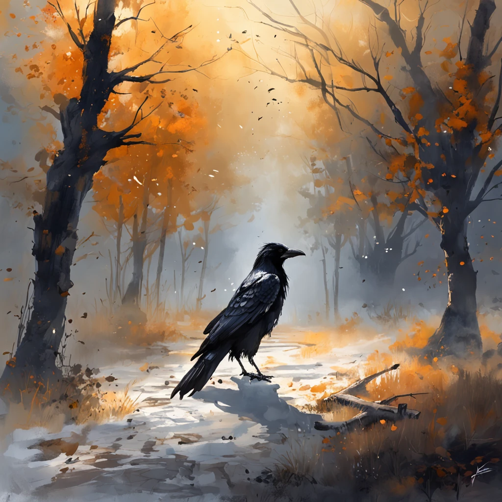 Two crows on a dead tree, A shadow shaped like a walker, Starry night, Thick fog on the ground, Blue light on the horizon, Unreal Engine 5, Cinematic, low angle photography, Motion blur, Depth of field, Dust, Cobblestones and dirt. Splash Art, dripping paint. Perfect color grading. Influenced by Karel Appel and Jeremy Mann, Full of dramatic and threatening scenes, Hyper-detailed, Beautiful, insanely details, Intricate details, editorial photography, shot with a 50mm lens, Depth of field, Tilt Blur, Shutter speed 1/1000, f/22. Lightmaps, Super bright