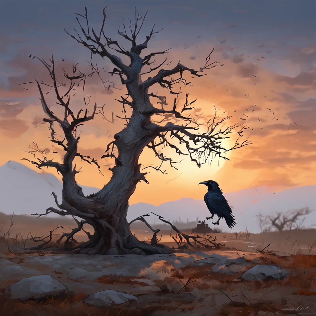 Two crows on a dead tree, A shadow shaped like a walker, Starry night, Thick fog on the ground, Blue light on the horizon, Unreal Engine 5, Cinematic, low angle photography, Motion blur, Depth of field, Dust, Cobblestones and dirt. Splash Art, dripping paint. Perfect color grading. Influenced by Karel Appel and Jeremy Mann, Full of dramatic and threatening scenes, Hyper-detailed, Beautiful, insanely details, Intricate details, editorial photography, shot with a 50mm lens, Depth of field, Tilt Blur, Shutter speed 1/1000, f/22. Lightmaps, Super bright