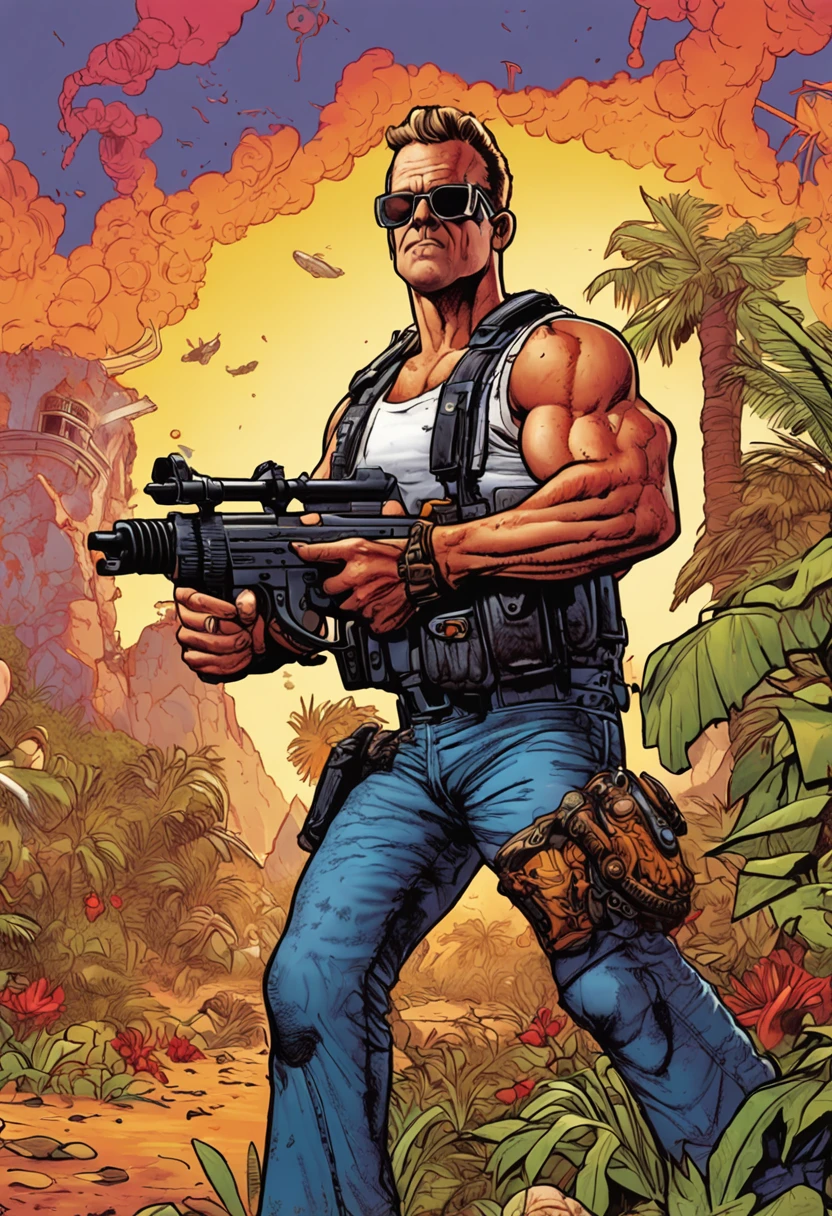 a close up of a man holding a gun in a field, serious sam as smash characters, duke nukem art style, duke nukem 90s cover art, Serious Sam, todd schorr, haris nukem, video game cover art, character art the contra, videogame cover art, todd schorr highly detailed, contra, heavy weapons guy
