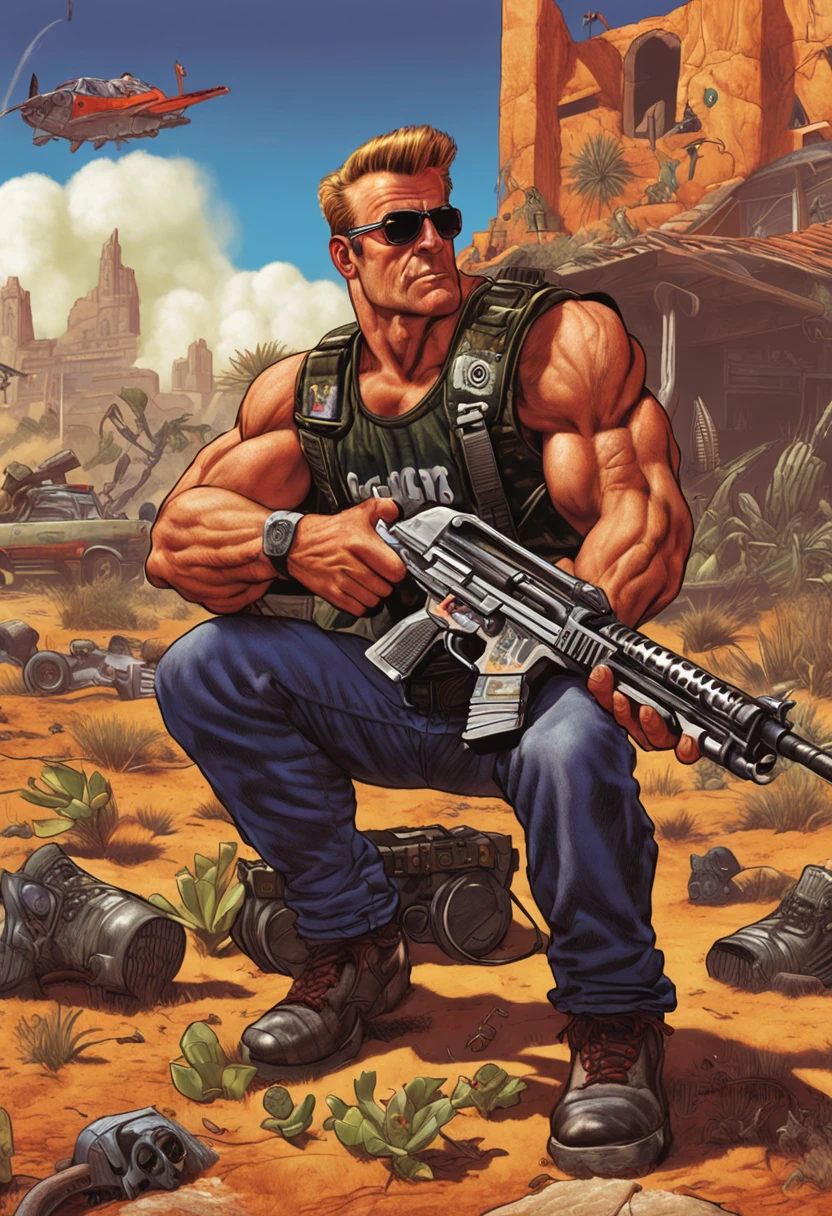 a close up of a man holding a gun in a field, serious sam as smash characters, duke nukem art style, duke nukem 90s cover art, Serious Sam, todd schorr, haris nukem, video game cover art, character art the contra, videogame cover art, todd schorr highly detailed, contra, heavy weapons guy