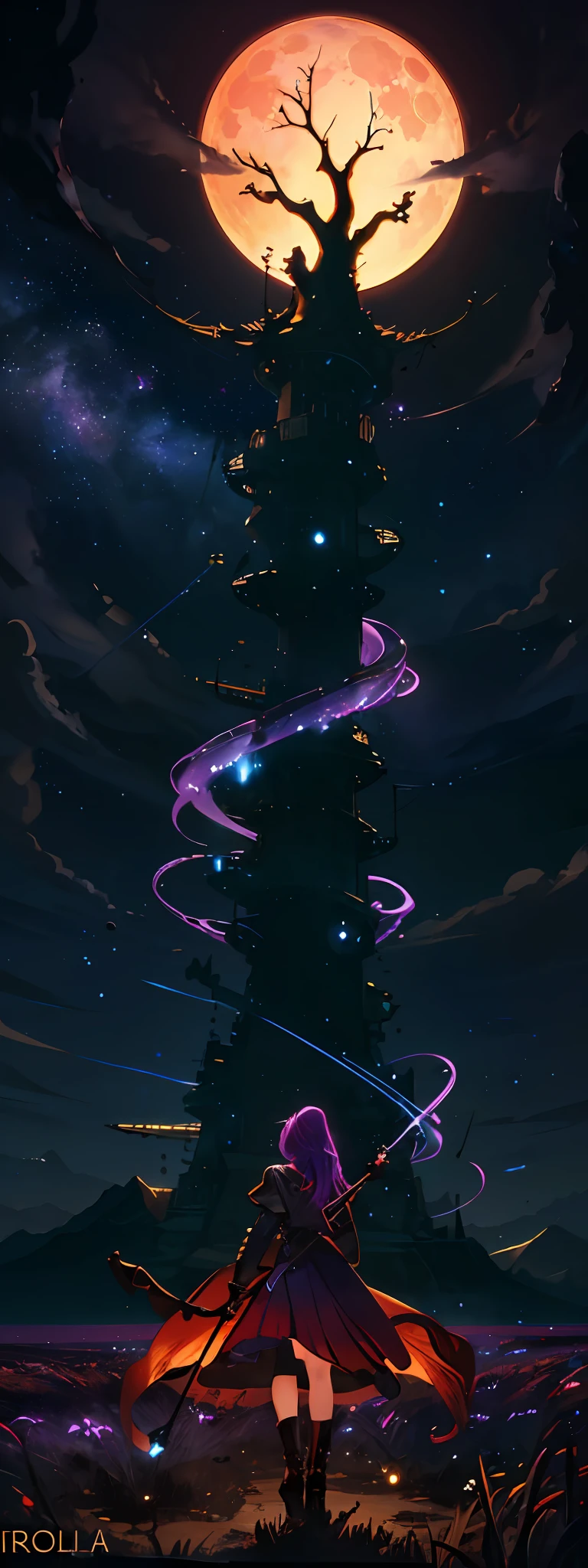expansive landscape photograph , (a view from below that shows sky above and open field below), a witch standing on dark forest field looking up, (full moon:1.2), ( shooting stars:0.9), (nebula:1.3), distant mountain, tree BREAK
production art, (warm light source:1.2), (Firefly:1.2), lamp, lot of purple and orange, intricate details, volumetric lighting, realism BREAK
(masterpiece:1.2), (best quality), 4k, ultra-detailed, (dynamic composition:1.4), highly detailed, colorful details,( iridescent colors:1.2), (glowing lighting, atmospheric lighting), dreamy, magical, (solo:1.2)