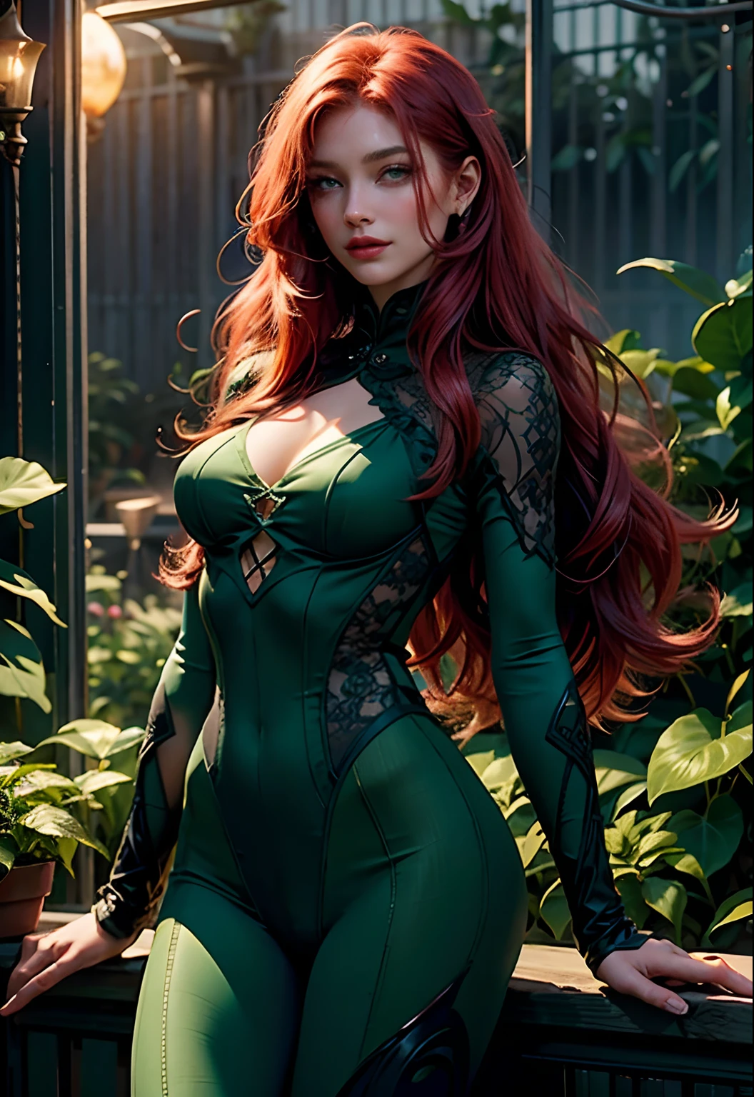 Top quality,movie atmosphere,nigth,themoon,Gray and gloomy,An air of terror。In the greenhouse,Rose flower,vine, A very beautiful redhead woman with long hair,green colored skin,green-eyed,mature,Wearing dark green tights,Very sexy。The eyes are charming。Evil with a charismatic smile。