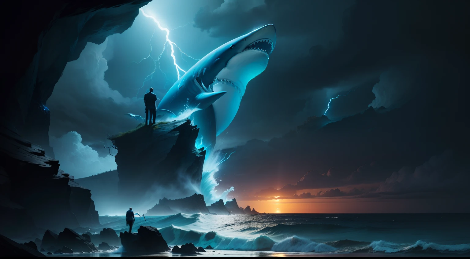 Made, (Best quality),,Super detail,Realist, Sweeping beams, The vast night sea, Blue-white tones，（blue lightning：1.3），（Blue glow：1.3），（Blue fluorescence：1.3），（Giant sharks leap out of the water：1.8），（Silhouette of a giant shark,：1.3） ，Man standing on the reef， Dark stormy night, Jagged coastal cliffs, Turbulent waves,, Subtle details,Ocean, Ominous atmosphere,feeling of solitude，