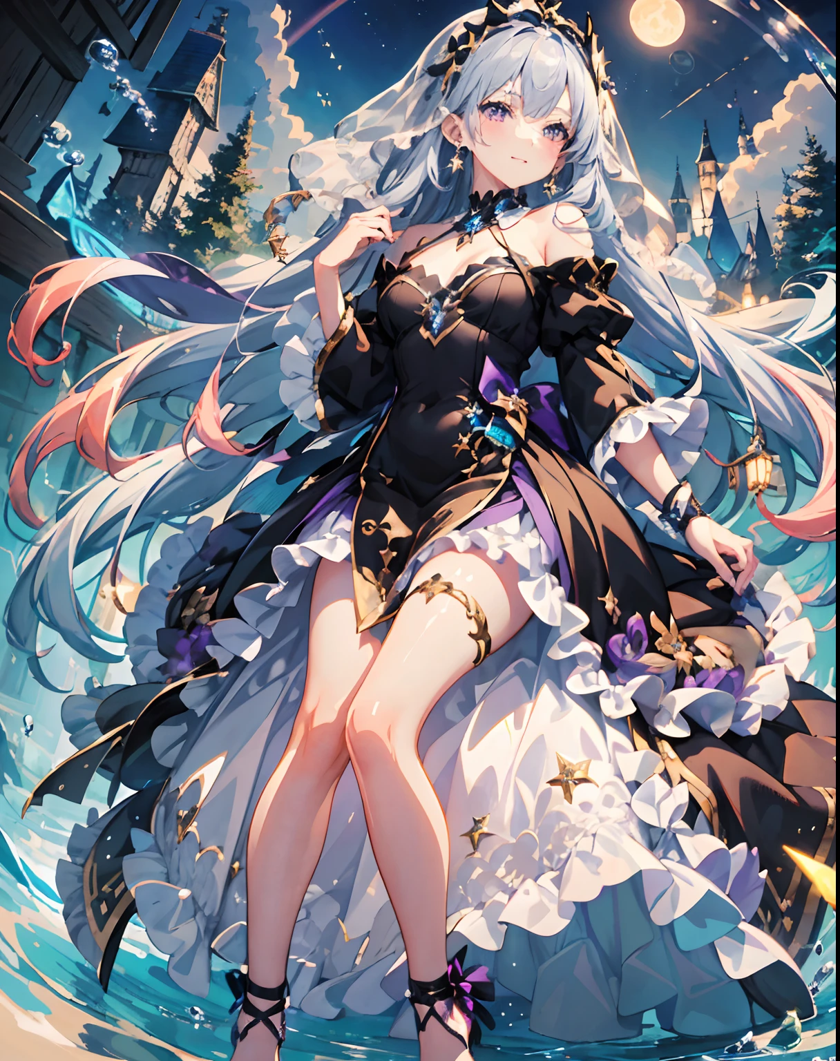 1 girl in、(((ultra-detailliert)))、(((masterpiece))、((illustratio))、masterpiece, best quality, ultra-detailed, extremely detailed, 4K, 8K, best quality, beautiful, illustration, anime style, full body, colorful, gradation, full body focus, forest, moon, a cute girl, 1girl, solo, angel, beautiful pink hair, beautiful purple eyes, beautiful eyes, earrings, light smile, rainbow, soap bubble effect, Shiny functional、Starlight Saint、Black glamorous dress、curvaceous woman、head veil、With long silver hair、fair white skin、drooing eyes、starry eyes like the night sky、bustup、face forwards