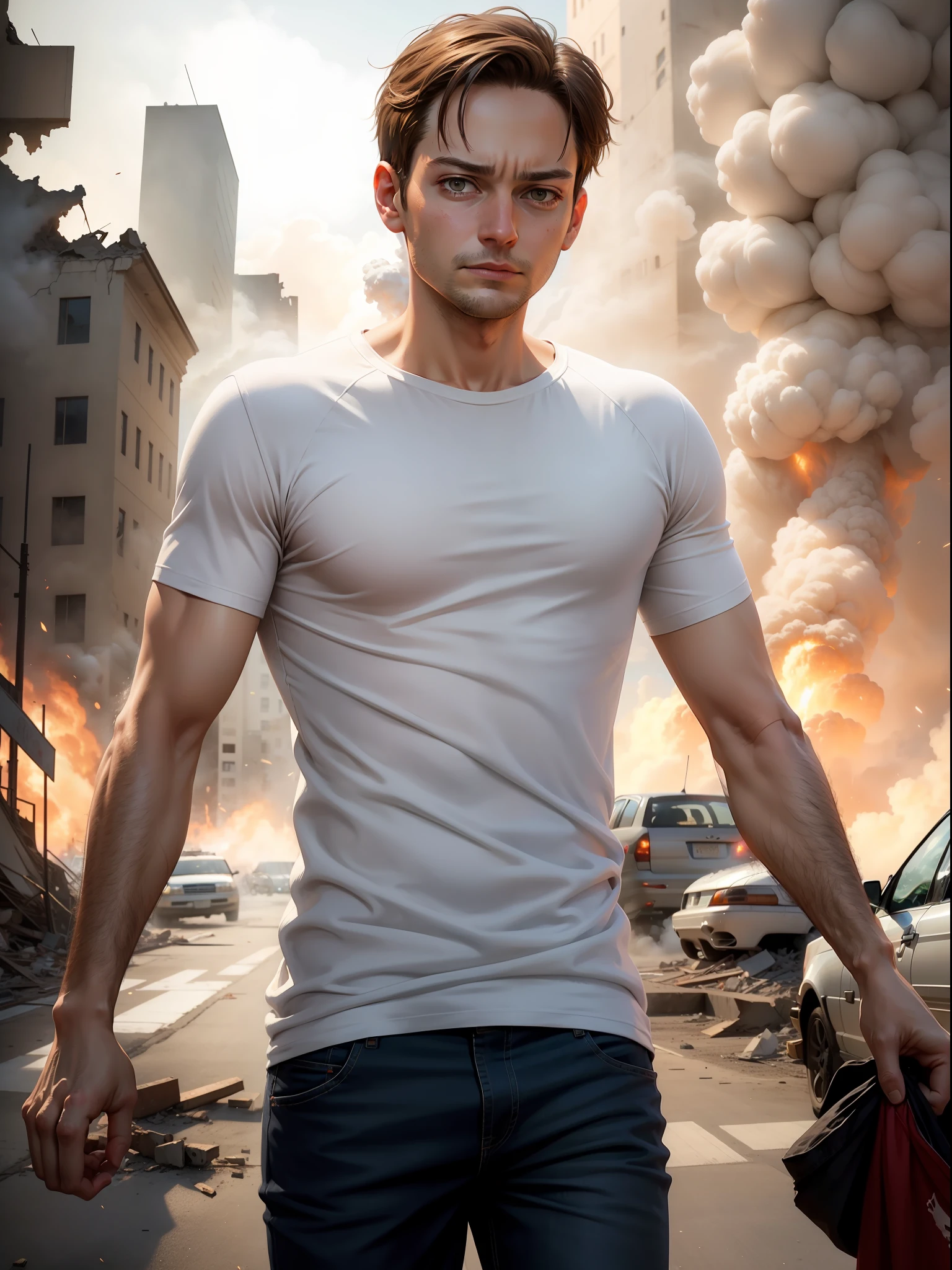 Tobey Maguire dressed in plain patternless wrinkleless white t-shirt, charismatic pose, explosions, destroyed buildings collapsed, rising smoke, realistic, photography