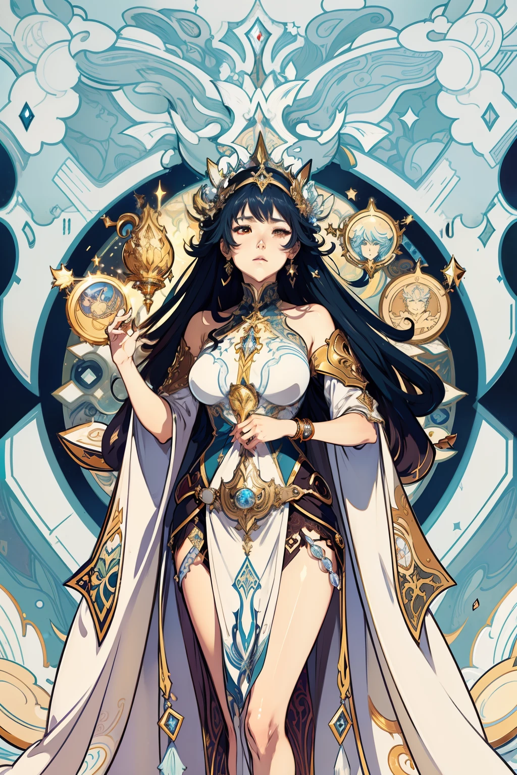 arafed image of a woman with a star in her hands, alphonse mucha and rossdraws, mucha style 4k, artgerm mucha, korean art nouveau anime, portrait knights of zodiac girl, goddess. extremely high detail, anime fantasy illustration, detailed digital anime art, gorgeous goddess of leo, anime art nouveau, talor liner, stick liner, clear line. perfect post leg and shose.