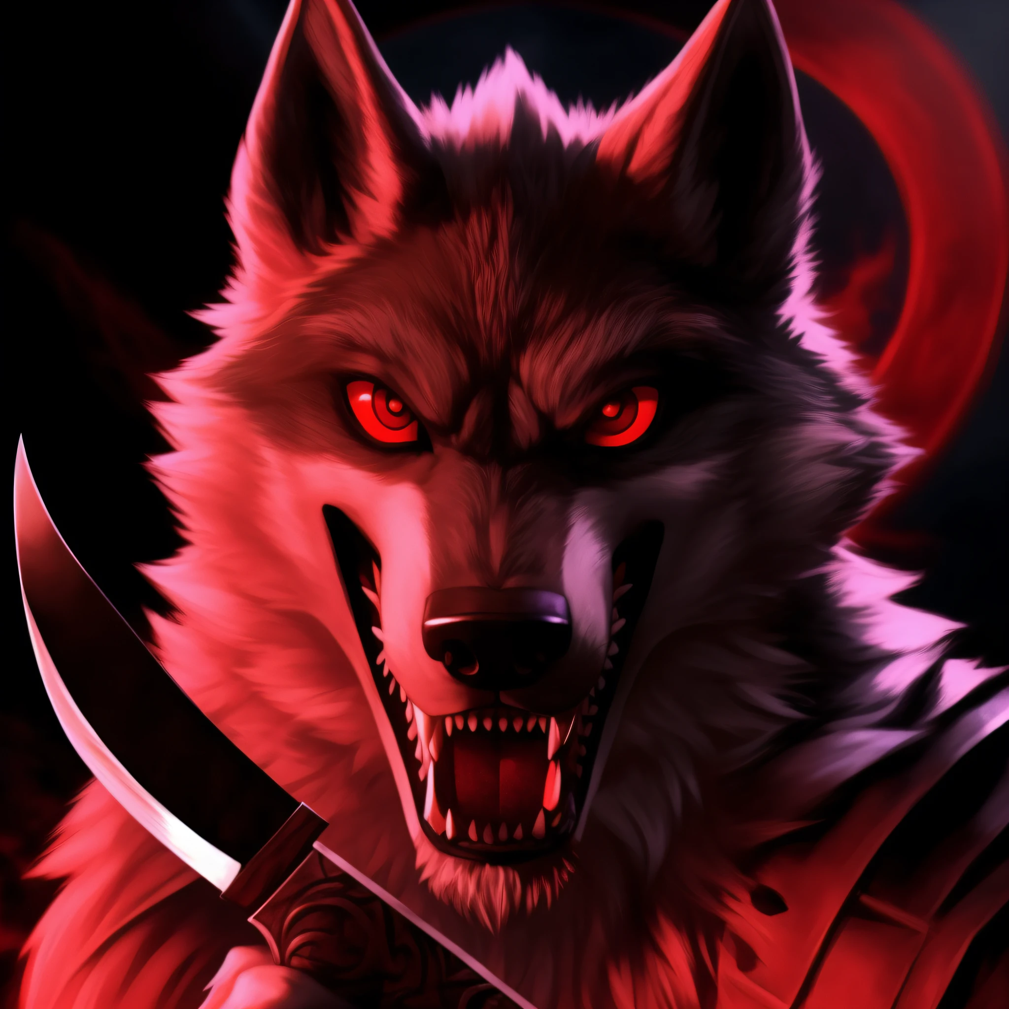 wolf with red eyes holding a knife in his hand, wolf in hell, dire wolf, grim - wolf, great wolf, fantasy wolf portrait, wolf, fan art, anthro wolf face, fenrir, badass anime 8 k, an anthropomorphic wolf, half wolf, wolf o'donnell, striking detailed artstyle, anthropomorphic wolf