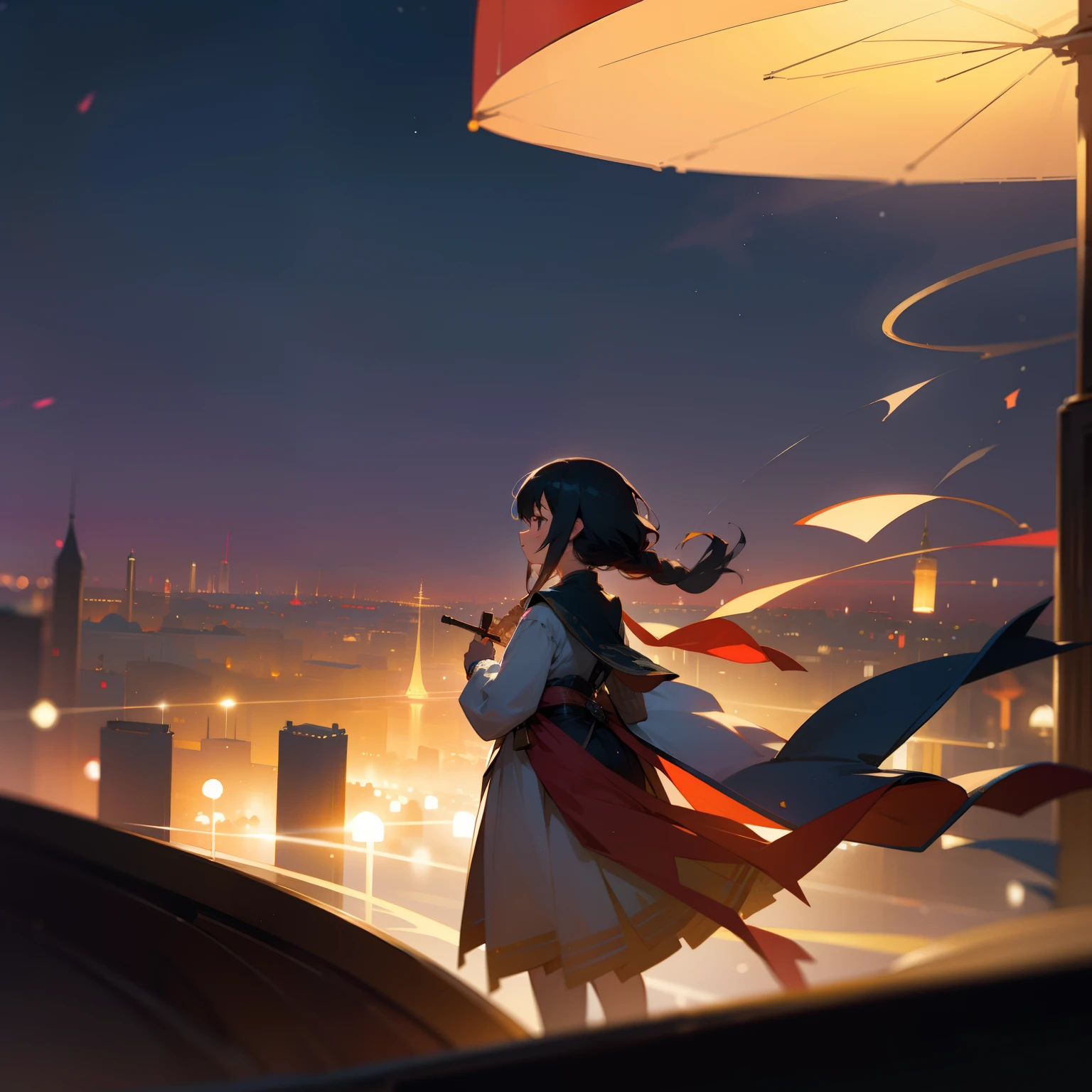 Girl watching the festival at night、fantastic landscape、Dreams、Beautiful fece、Blurry background、