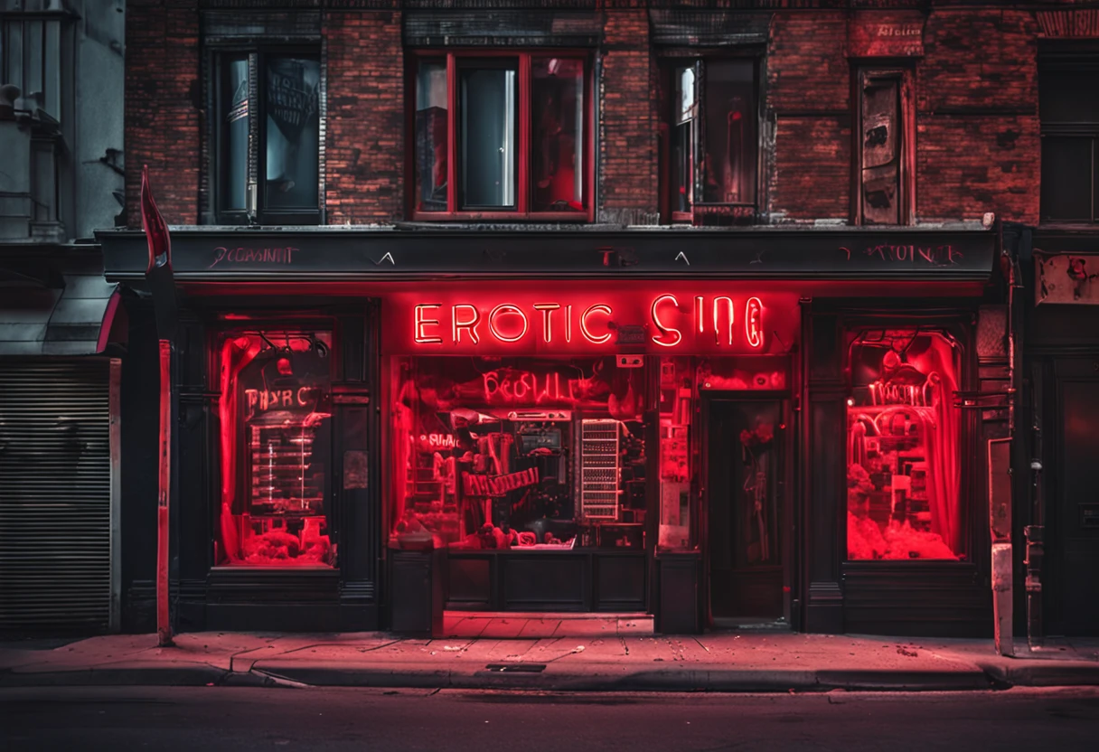 erotic product store, facade with logo written "fuck amazing", macabre city, erotic product symbol, red light