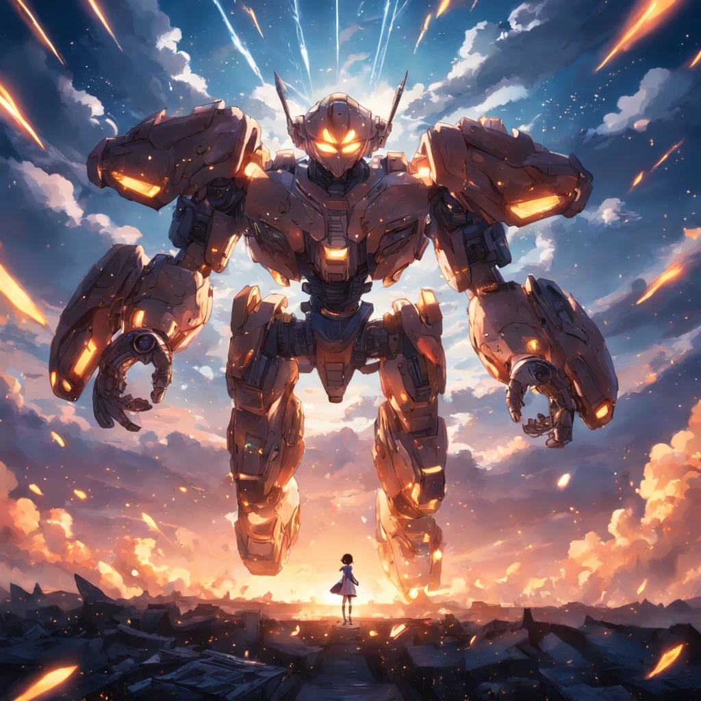 masterpiece, best quality, movie still, roboticmen, agresive, floating in the sky, close-up, bright, happy, warm soft lighting, sunset, (sparks:0.7)