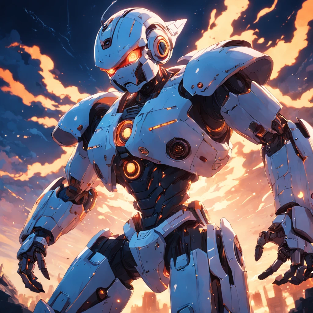 masterpiece, best quality, movie still, roboticmen, agresive, floating in the sky, close-up, bright, happy, warm soft lighting, sunset, (sparks:0.7)