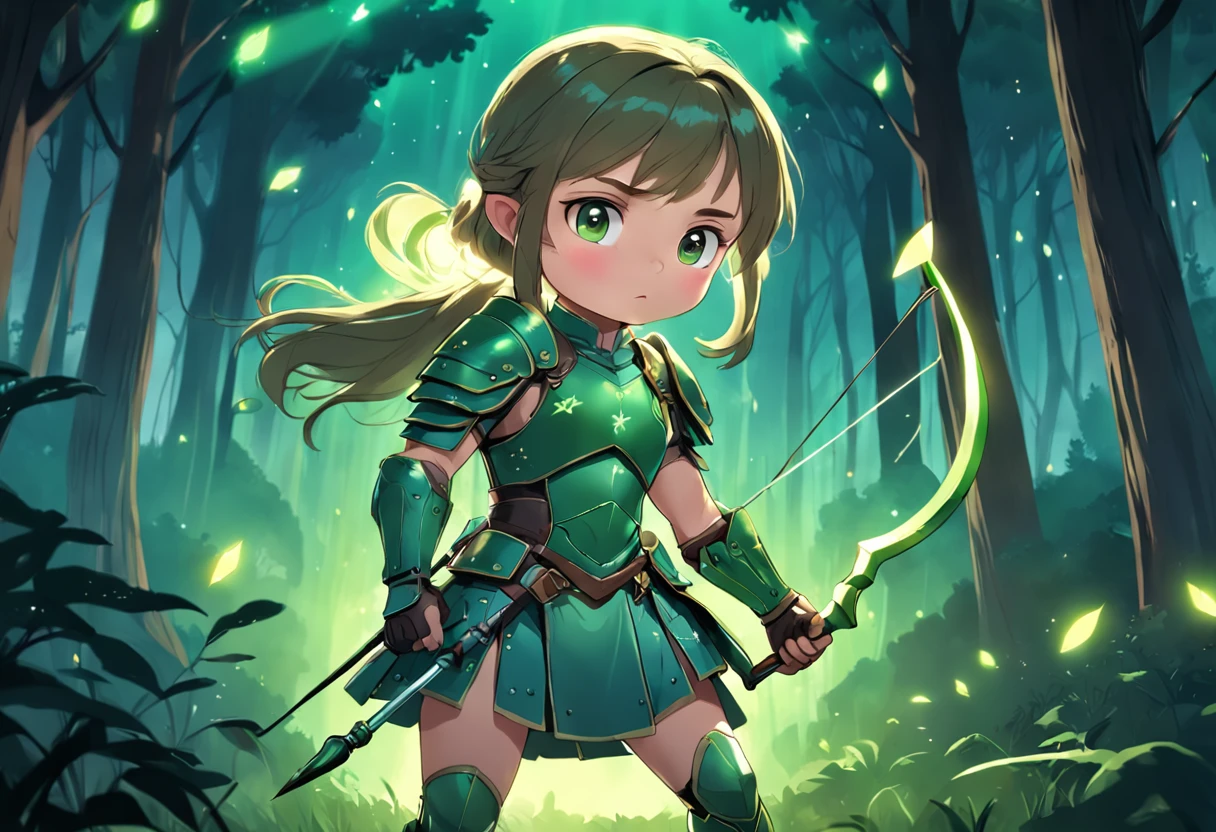 Cartoony，Chubby little girl in green leather armor，pony tails，With a crossbow and arrow，Glowing fireflies around，，Cute and cute，KIDS ILLUSTRATION，Glow effects，Dingdall effect，depth of fields，high light，Real light，Ray traching，oc rendered，Hyper-realistic，best qualtiy，8K，Works of masters，super-fine，Detailed pubic hair，Correct anatomy，sharp focus on eyes，The facial structure is reasonable，Facial features are carefully depicted