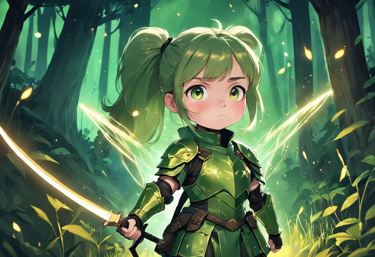 Cartoony,Chubby little girl in green leather armor,pony tails,With a crossbow and arrow,Glowing fireflies around,,Cute and cute,KIDS ILLUSTRATION,Glow effects,Dingdall effect,depth of fields,high light,Real light,Ray traching,oc rendered,Hyper-realistic,best qualtiy,8K,Works of masters,super-fine,Detailed pubic hair,Correct anatomy,sharp focus on eyes,The facial structure is reasonable,Facial features are carefully depicted