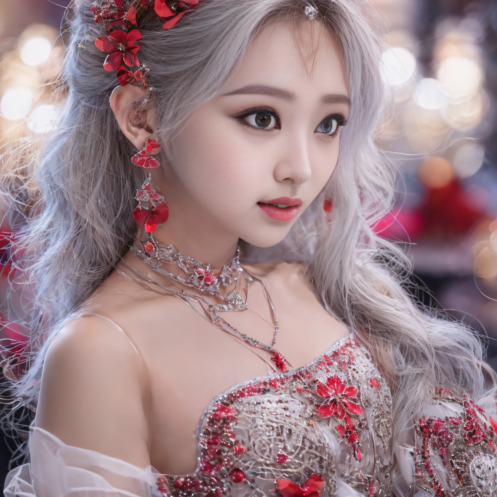 Good quality, tmasterpiece, A high resolution, 1girll,Chinese wedding dress,White hair shiny hair accessories,choker necklace,jewely,beauitful face,after sexing_Body,Tyndall effect,realisticlying,Red holiday room edge lighting,twotonelighting,(highdetailskin:1.2),8K high-definition,gentle illumination,high high quality,Volumetriclighting,Frankness,photore,A high resolution,Bokeh