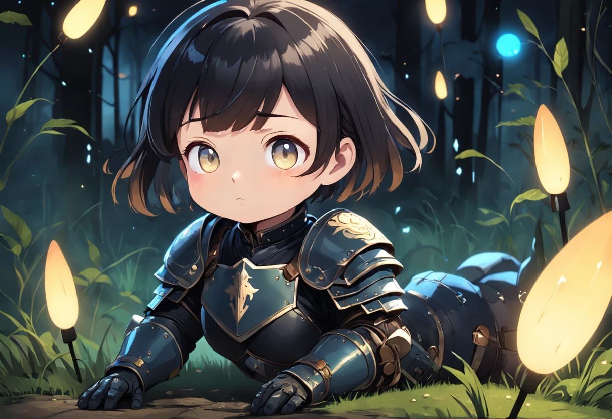 Cartoony,Chubby little girl in black leather armor,short detailed hair,With two daggers,Glowing fireflies around,,Cute and cute,KIDS ILLUSTRATION,Glow effects,Dingdall effect,depth of fields,high light,Real light,Ray traching,oc rendered,Hyper-realistic,best qualtiy,8K,Works of masters,super-fine,Detailed pubic hair,Correct anatomy,sharp focus on eyes,The facial structure is reasonable,Facial features are carefully depicted