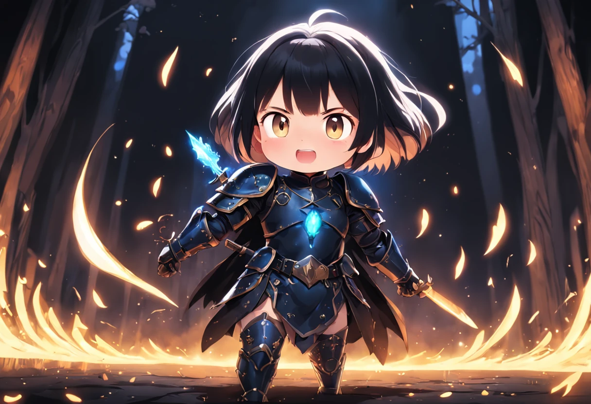 Cartoony，Chubby little girl in black leather armor，short detailed hair，With two daggers，Glowing fireflies around，，Cute and cute，KIDS ILLUSTRATION，Glow effects，Dingdall effect，depth of fields，high light，Real light，Ray traching，oc rendered，Hyper-realistic，best qualtiy，8K，Works of masters，super-fine，Detailed pubic hair，Correct anatomy，sharp focus on eyes，The facial structure is reasonable，Facial features are carefully depicted