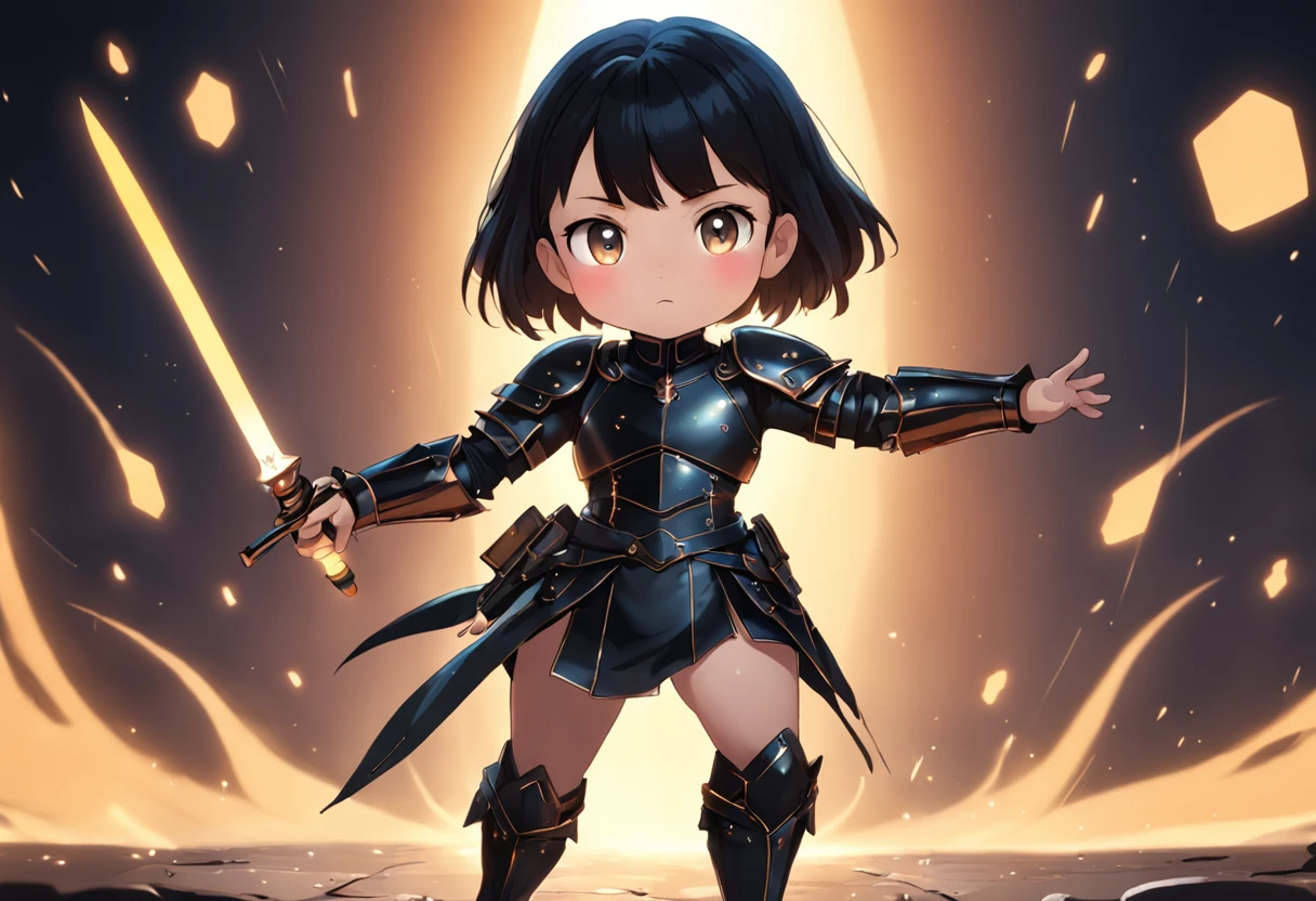 Cartoony，Chubby little girl in black leather armor，short detailed hair，With two daggers，Glowing fireflies around，，Cute and cute，KIDS ILLUSTRATION，Glow effects，Dingdall effect，depth of fields，high light，Real light，Ray traching，oc rendered，Hyper-realistic，best qualtiy，8K，Works of masters，super-fine，Detailed pubic hair，Correct anatomy，sharp focus on eyes，The facial structure is reasonable，Facial features are carefully depicted