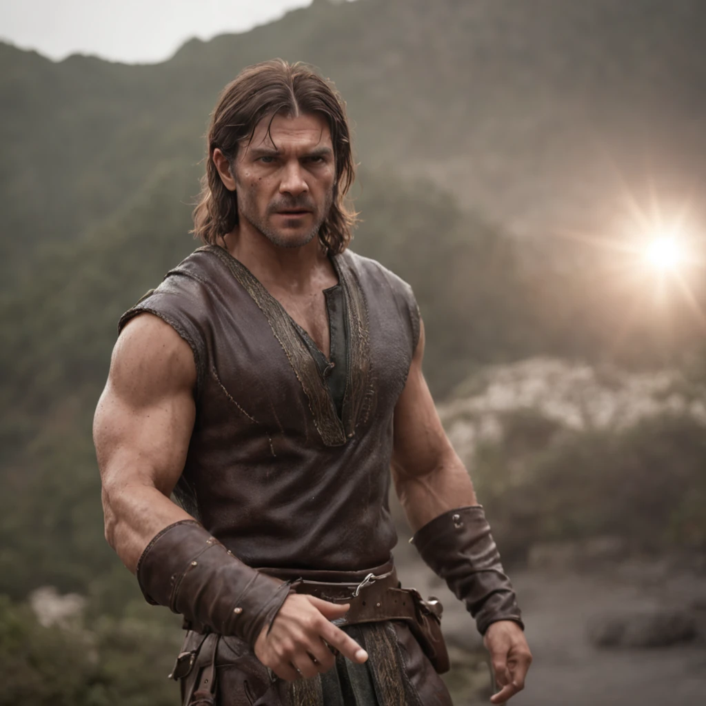 (Professional 3D rendering:1.3) de (Realistic:1.3) Foto de arte mais bonita do mundo,Features soft, bright male heroes, ((Epic hero fantasy rough muscular man wet hero angry look long hair short beard and fierce expression in dynamic pose, fantastic location, majestoso ambiente desordenado)), corpo inteiro 8k unidade render, action shot, poros da pele, very dark lighting, sombreamento pesado, circunstanciado, Rosto detalhado, (vibrante, fotogrdeia realista, Realistic, Dramatic, Escuro, foco nítido, 8k), (Old leather clothes damaged by bad weather:1.4), ((((Use peles)))), (intrincado:1.4), decadente, (altamente detalhado:1.4), pintura digital, rendering by octane, art stations, Conceito-Arte, liso, foco nítido, illustration, germe da arte, (Loish:0.23), Wlop Ilya Kuvshinov, e Greg Rutkowski e Alphonse Mucha Gracias, (global ilumination, studiolight, Light Volumetric), chuva forte, floating particles, patife, fantasia, Onze, corpo inteiroesbian, ((Fundo escuro e antigo da cidade:1.3)),CGSesociedade,art stations