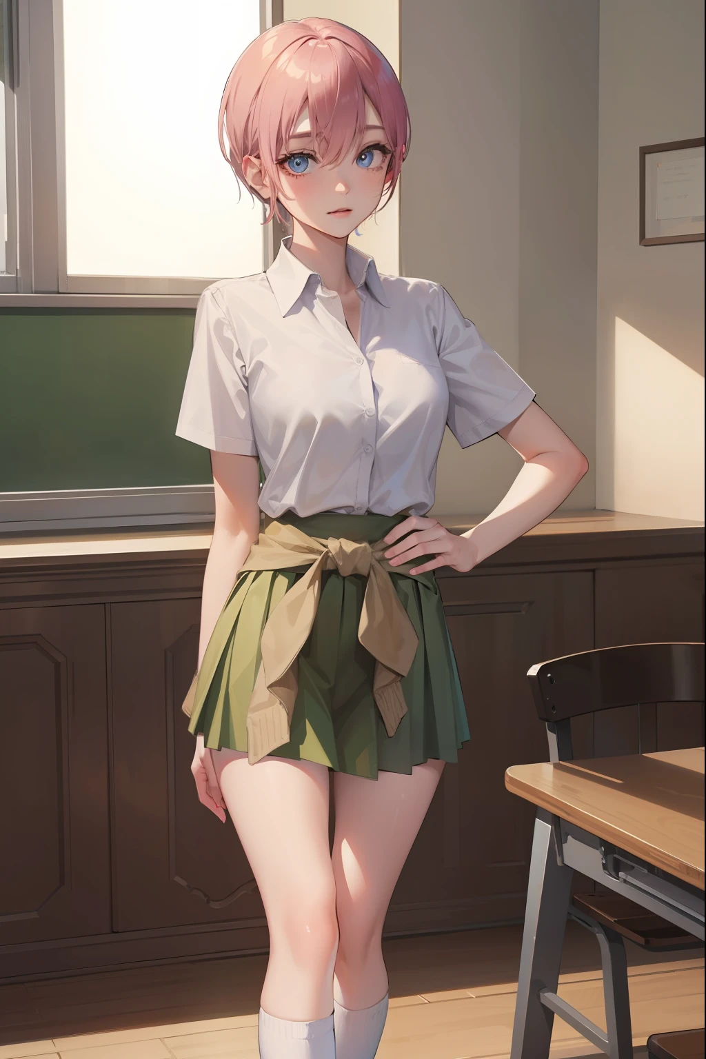 ichikanakano, ichika nakano, short hair, bangs, blue eyes, hair between eyes, pink hair,
BREAK skirt, shirt, school uniform, white shirt, short sleeves, pleated skirt, shoes, socks, collared shirt, black footwear, sweater, white socks, green skirt, loafers, clothes around waist,
BREAK indoors, classroom,
BREAK looking at viewer, BREAK (masterpiece:1.2), best quality, high resolution, unity 8k wallpaper, (illustration:0.8), (beautiful detailed eyes:1.6), extremely detailed face, perfect lighting, extremely detailed CG, (perfect hands, perfect anatomy),