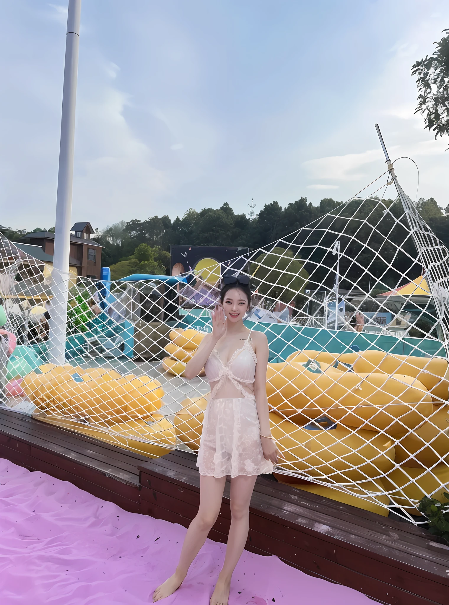 there is a woman standing in front of a net with yellow balls, wearing two - piece swimsuit, water park, inflatable, wenfei ye, shot on gopro9, waist high, vacation photo, xintong chen, with big starfish, having a great time, playing at swiming pool, amusement park, jaeyeon nam, is wearing a swimsuit