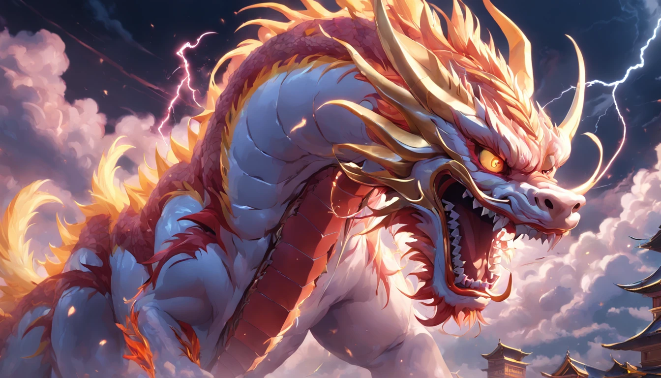 Full body like, Chinese dragon, Loong, extremely detailed CG unity 8k wallpaper, (colorful:1.2), sharp teeth, red eyes, teeth, Hires upscale: 1.7, Hires upscaler: 4x_NMKD-Siax_200k, Denoising strength: 0.45, lifelike texture, Dynamic angle, (((+++Lightning and bodyInterweave///))), Colorful auspicious clouds, drop shadow, atmospheric perspective, panorama, wide shot, 16k, anatomically correct, super detail
