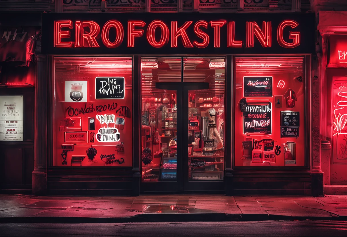 erotic product store, facade with logo written "fuck amazing", macabre city, erotic product symbol, red light, 4k