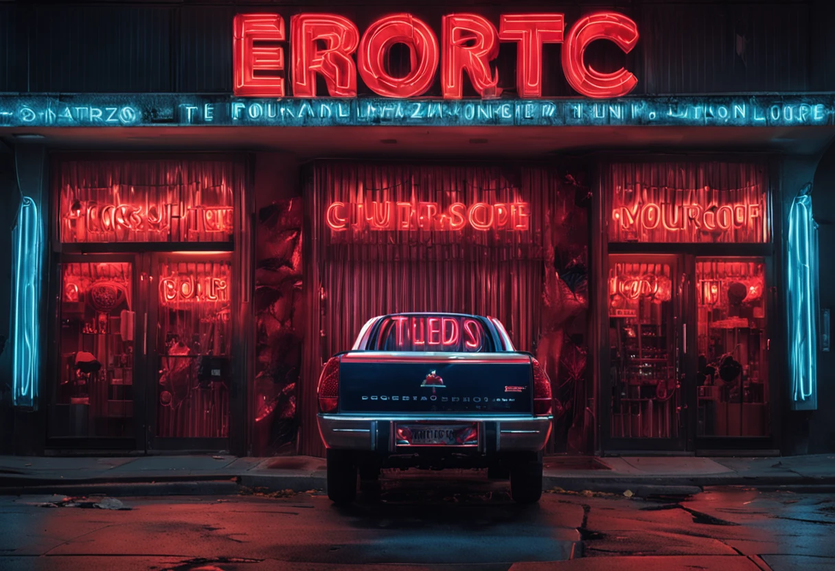 erotic product store, facade with logo written "fuck amazing", macabre city, erotic product symbol, red light, 4k