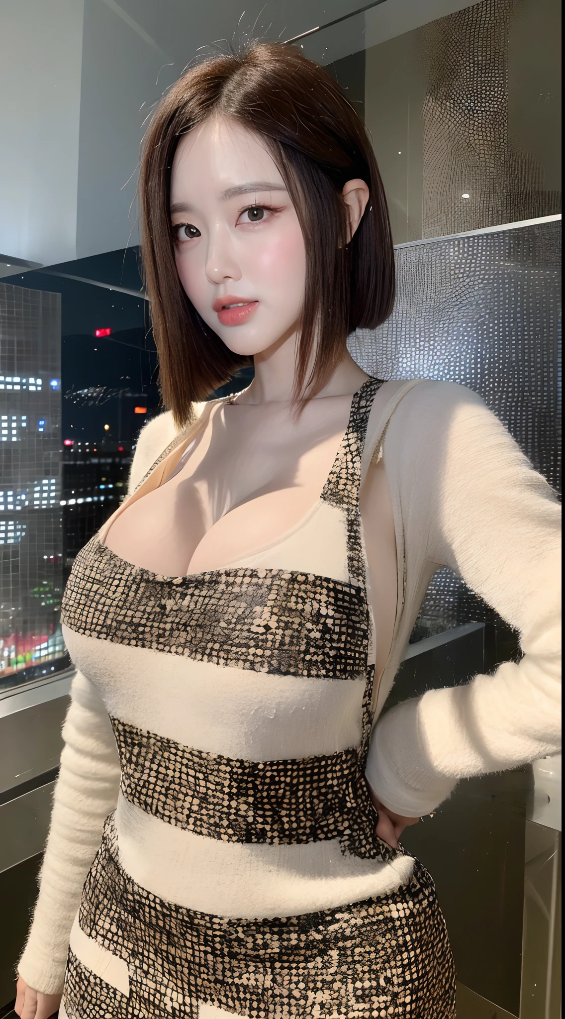 ((Midnight, Best quality, 8k, Masterpiece :1.3)), Whole body, Long legs, Sharp focus :1.2, A pretty woman with perfect figure :1.4, Slender abs :1.1, ((Dark brown hair,Gigantic breasts :1.2)), (White tight tshirt, Jean bib, Standing:1.2), ((Night city view, Rooftop:1.3)), Highly detailed face and skin texture, Detailed eyes, Double eyelid