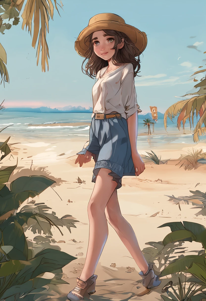 best qualtiy,highly detailed,tmasterpiece,ultra - detailed,(Realistis:1.2),1girll,Full body like,simplebackground,blue sky background,Exquisite eyes on the beach,Brown-black hair,blue colored eyes,Translucent sports short sleeves,Superskirt,Wrapped buttocks,White tender long legs,short detailed hair,Lively and cheerful,female high-school student